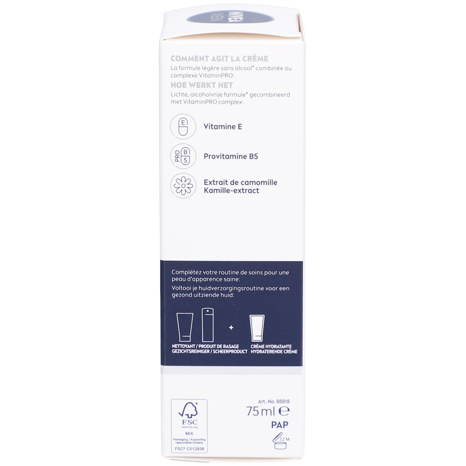 Côté de la boîte. Informations sur l'action de la crème, les ingrédients et les conseils d'utilisation.