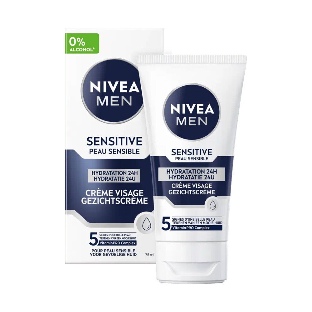 Emballage produit : tube et boîte. NIVEA MEN Sensitive, hydratation 24H. 0% alcool. 75ml.