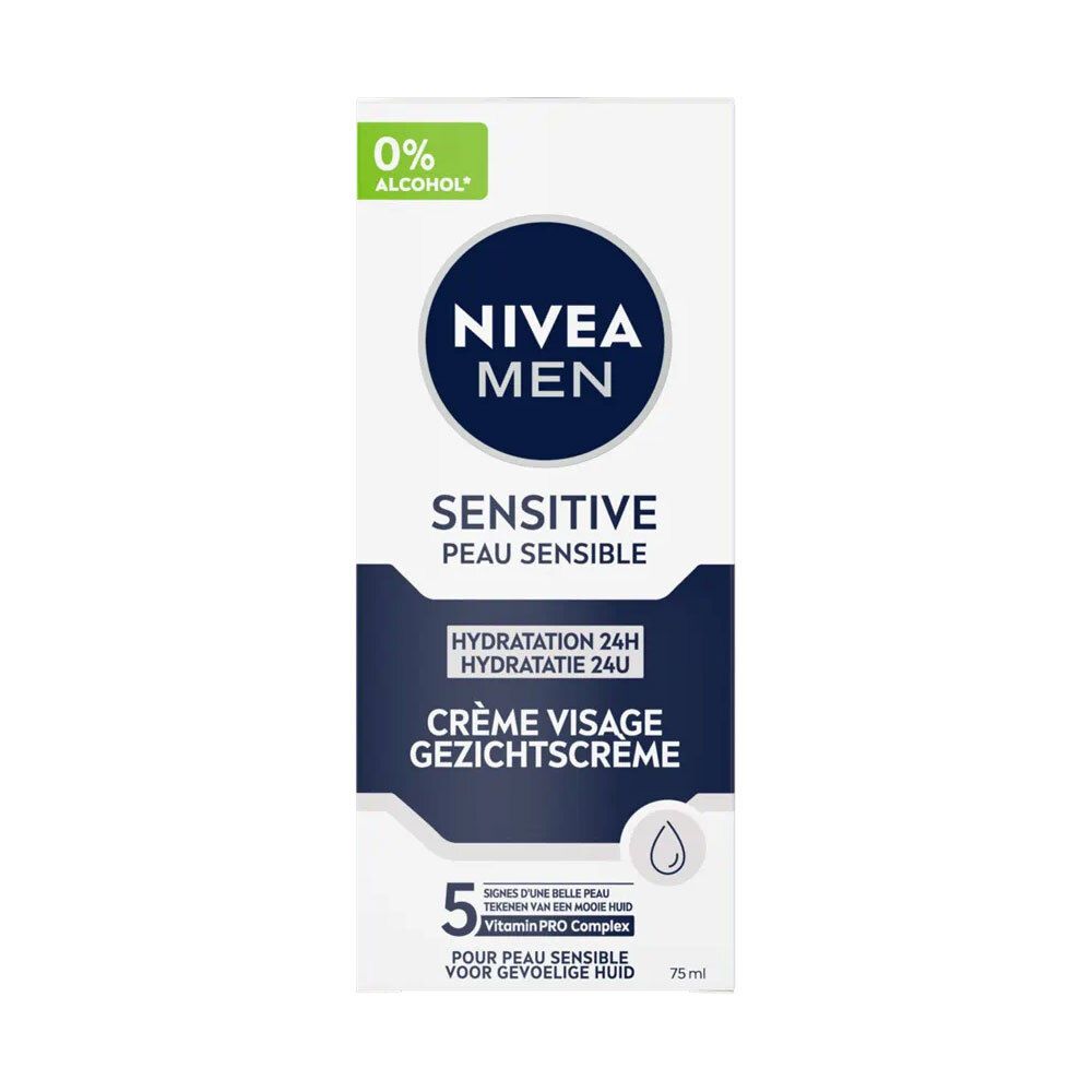 Boîte en carton. NIVEA MEN Sensitive, hydratation 24H. 0% alcool. Nom du produit et logo.