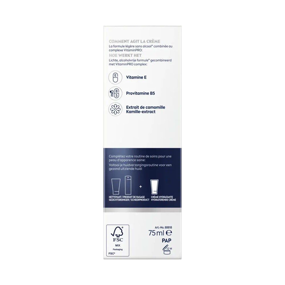 Dos de la boîte. Texte en français, allemand et néerlandais. Informations d'utilisation.