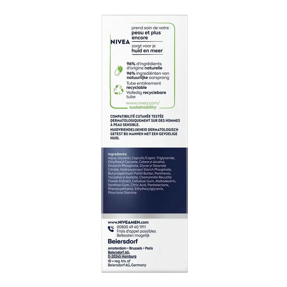 Côté de la boîte. Informations sur l'action de la crème, les ingrédients et les conseils d'utilisation.