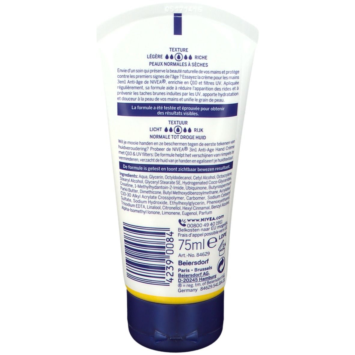 Dos du tube de crème pour les mains NIVEA. Texte multilingue, ingrédients, informations fabricant et 75ml.