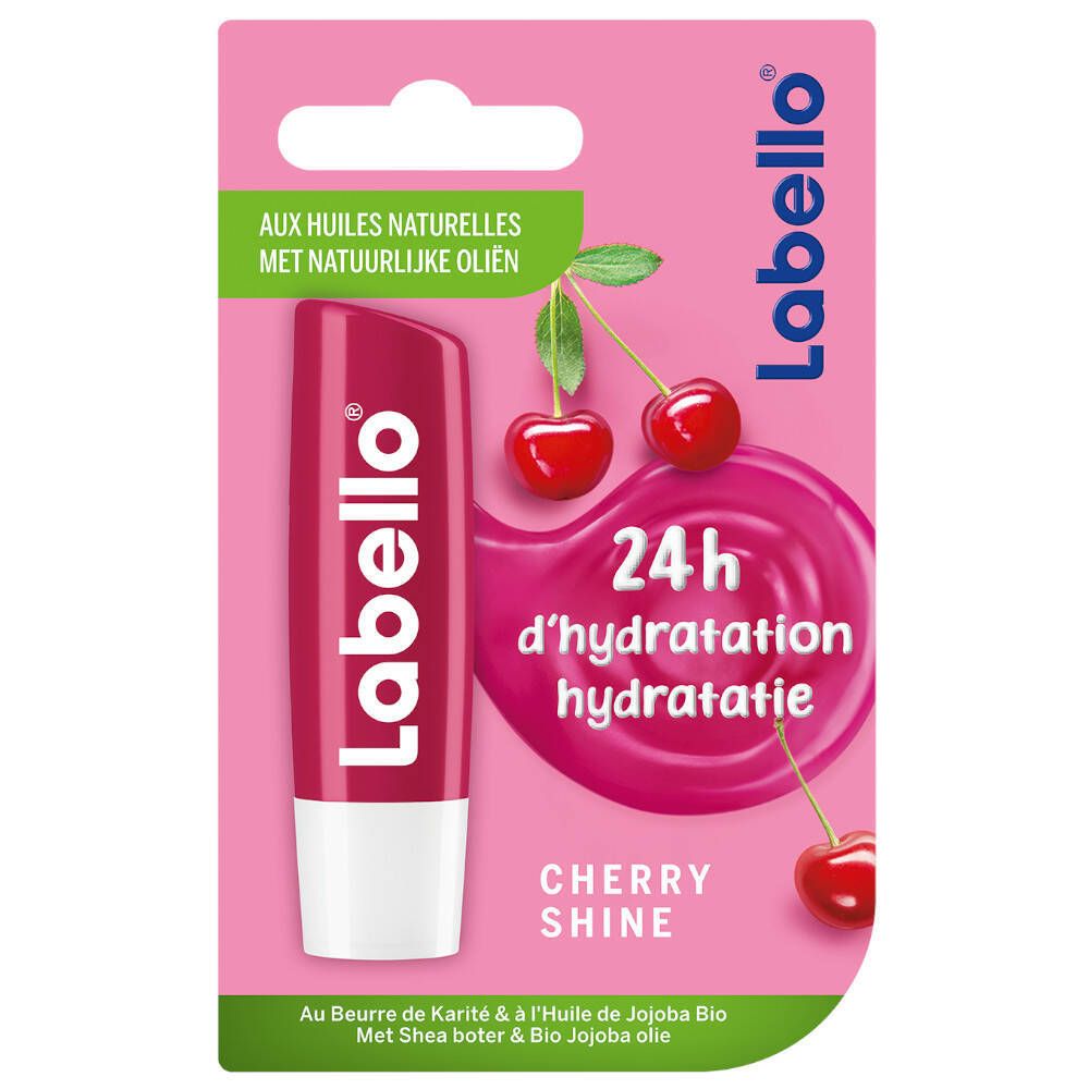 Labello Cherry Shine, emballage rose. Illustration de cerises et texte '24h d'hydratation'.