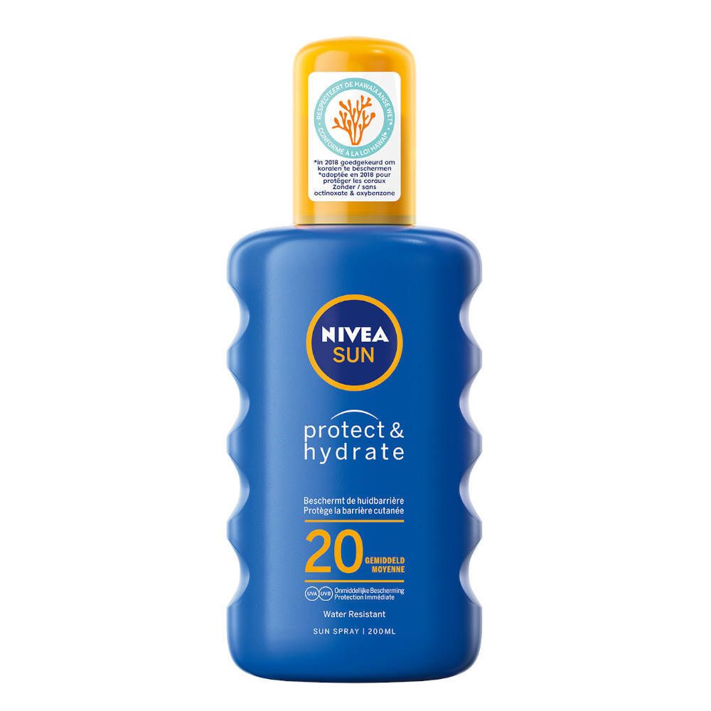 Blaue Flasche NIVEA SUN Sonnenspray LSF 20. Gelber Deckel. Aufschrift: protect & hydrate, 20, wasserfest.