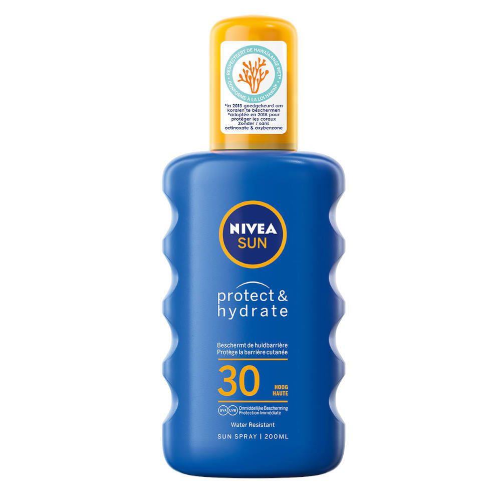 Blauwe zonnebrandfles met gele dop. Opschrift: NIVEA SUN protect & hydrate 30. Waterbestendig.