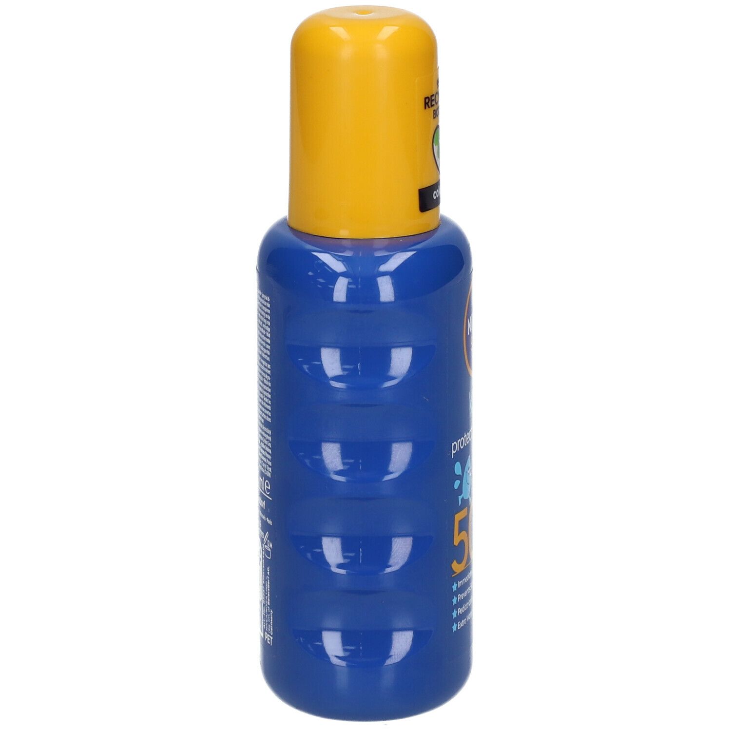 Flacon bleu NIVEA SUN Kids Spray Protect & Hydrate SPF50+. Bouchon jaune. Vue latérale.