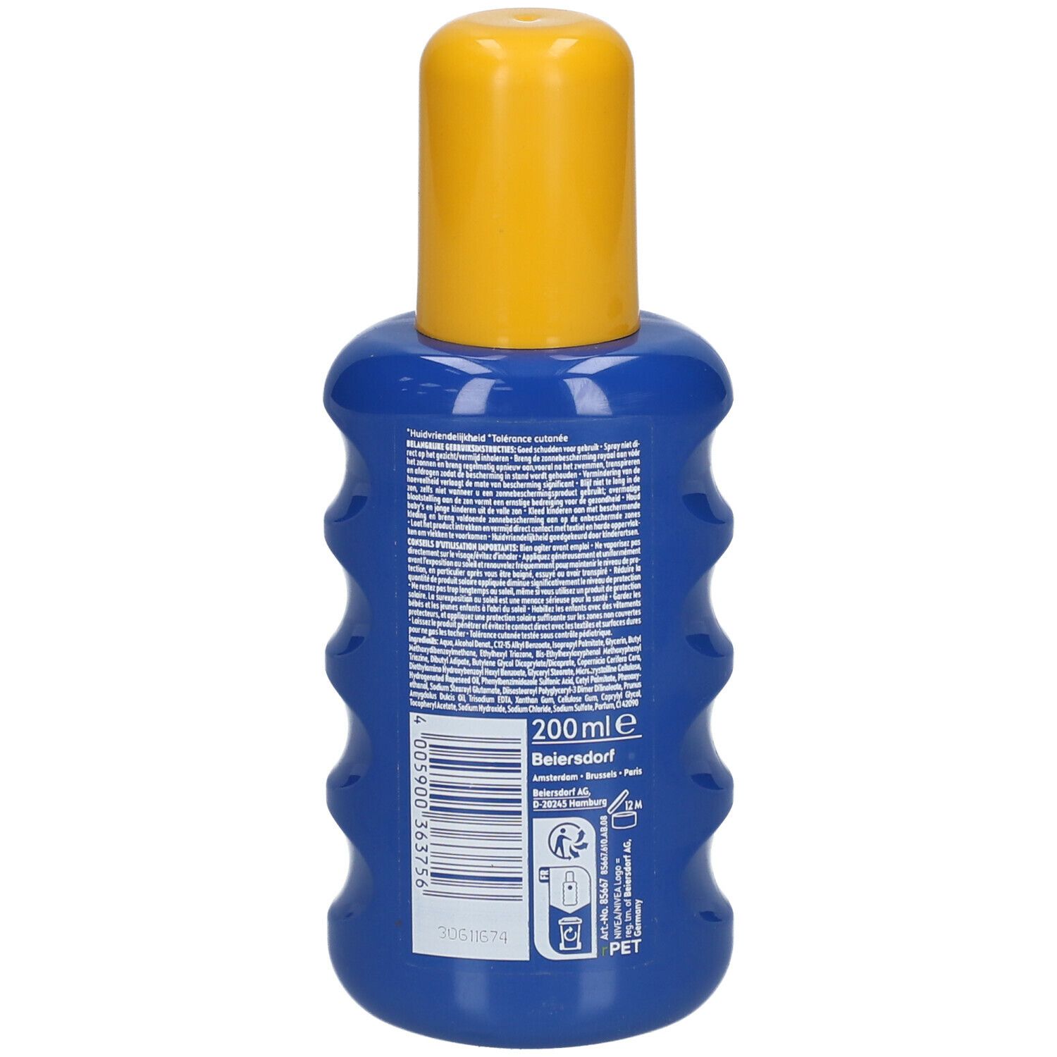 Dos du flacon bleu NIVEA SUN Kids Spray Protect & Hydrate SPF50+. Texte et code-barres.