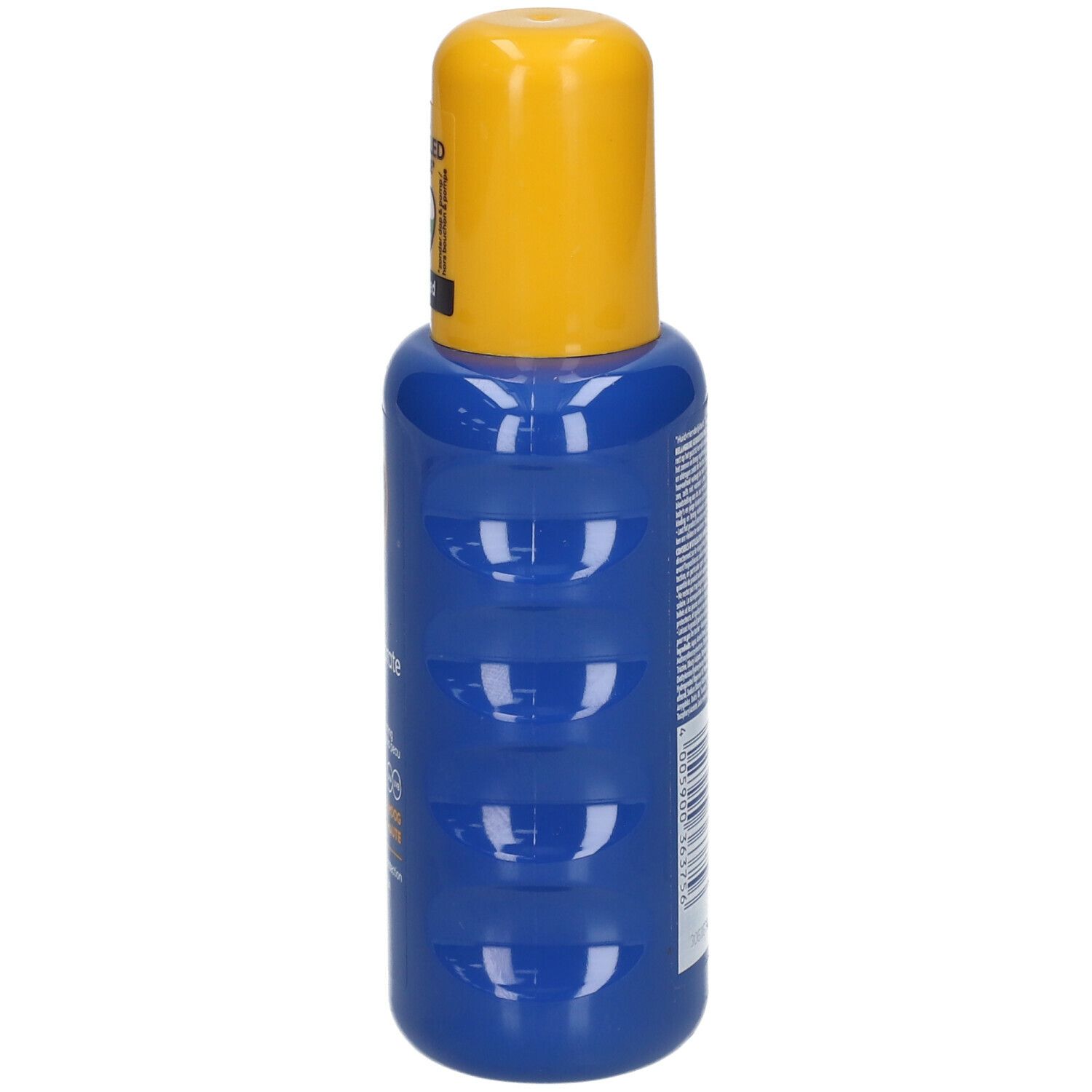 Flacon bleu NIVEA SUN Kids Spray Protect & Hydrate SPF50+. Bouchon jaune. Vue latérale.