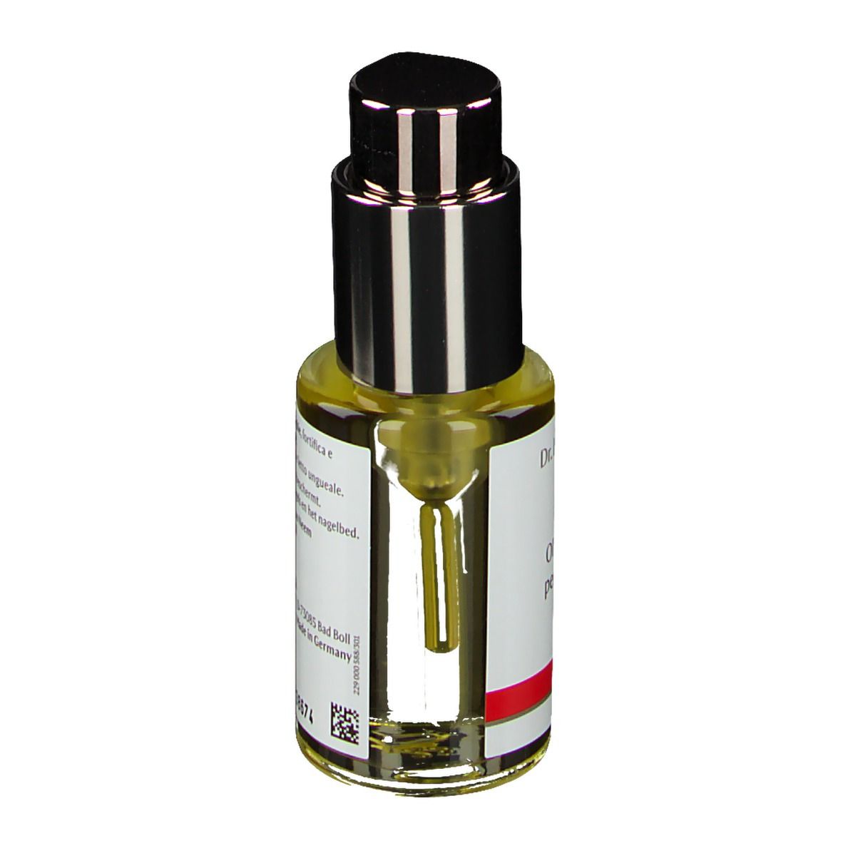 Flacon avec pompe. Étiquette avec "Dr. Hauschka" et "Olio al neem per le unghie".