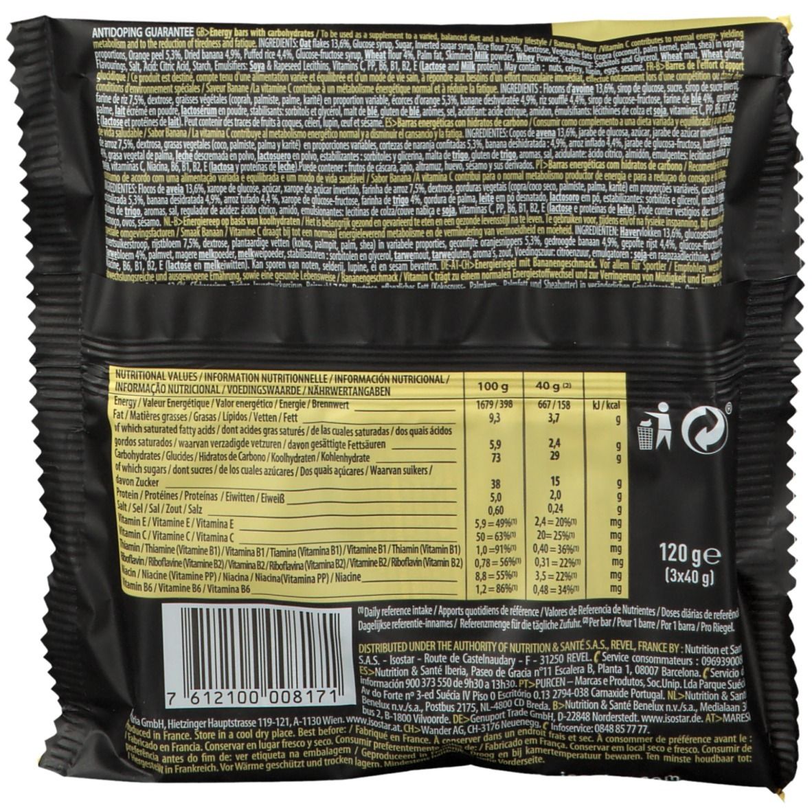 Rückseite der Isostar Energy Sport Bar Banane Verpackung. Text mit Nährwertangaben und Inhaltsstoffen. Barcode und Recycling-Symbol.
