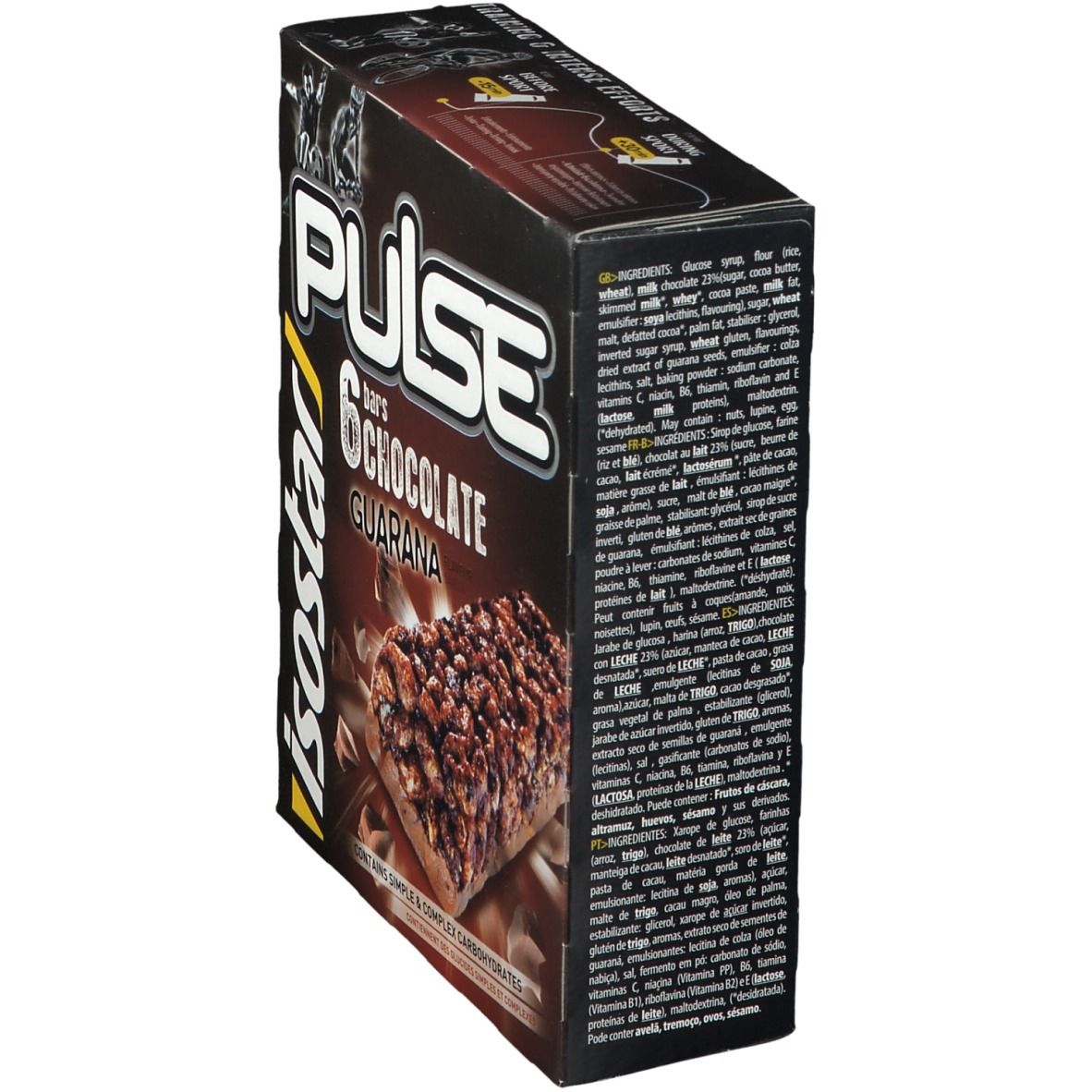 Boîte de 6 barres. Inscription: Pulse 6 bars Chocolate Guarana. Marque: Isostar. Liste des ingrédients sur le côté.