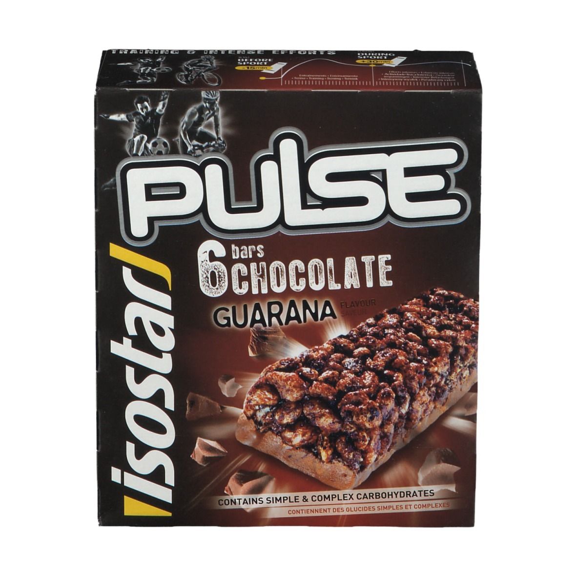 Boîte de 6 barres. Inscription: Pulse 6 bars Chocolate Guarana. Marque: Isostar. Contient glucides simples et complexes.