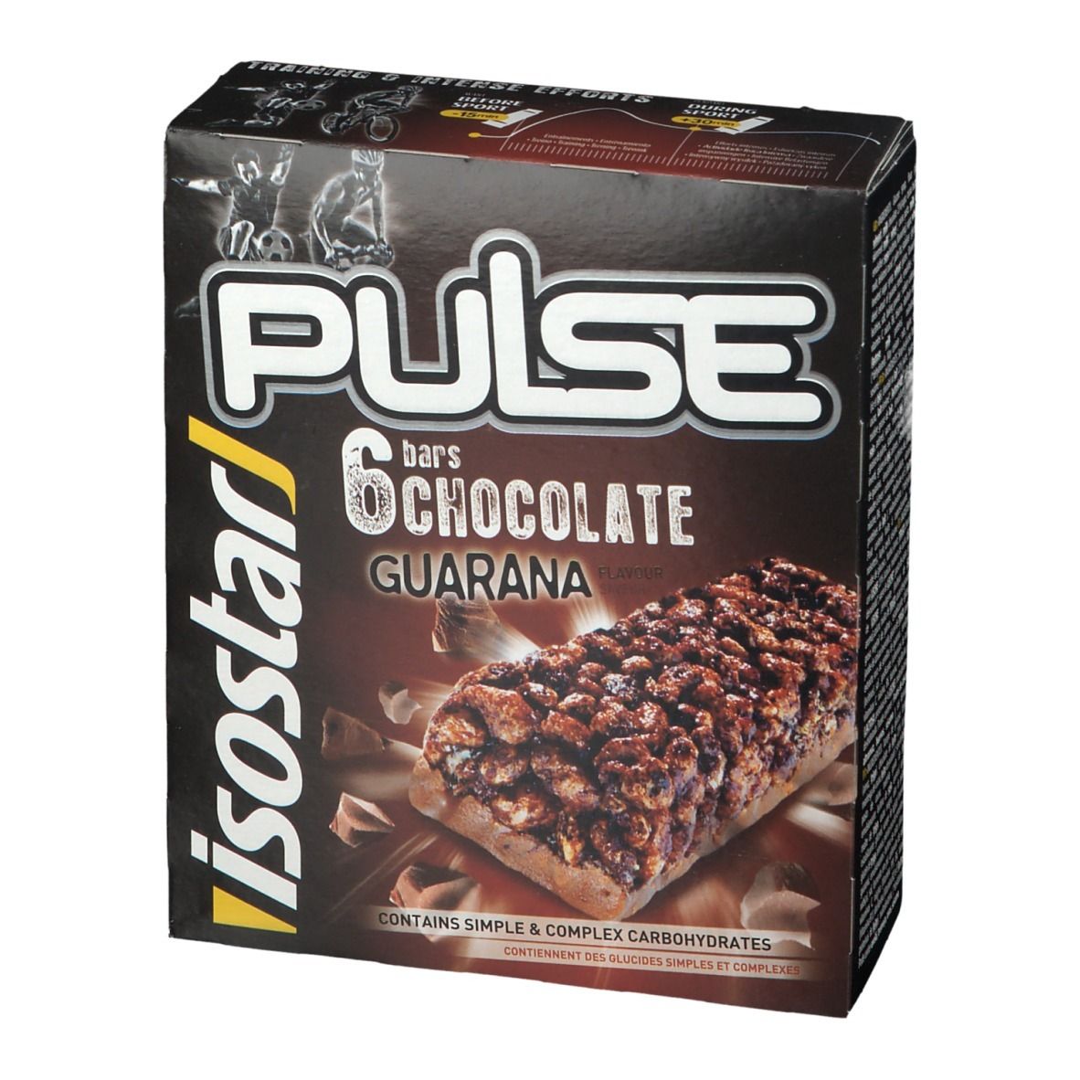 Boîte de 6 barres. Inscription: Pulse 6 bars Chocolate Guarana. Marque: Isostar. Contient glucides simples et complexes.