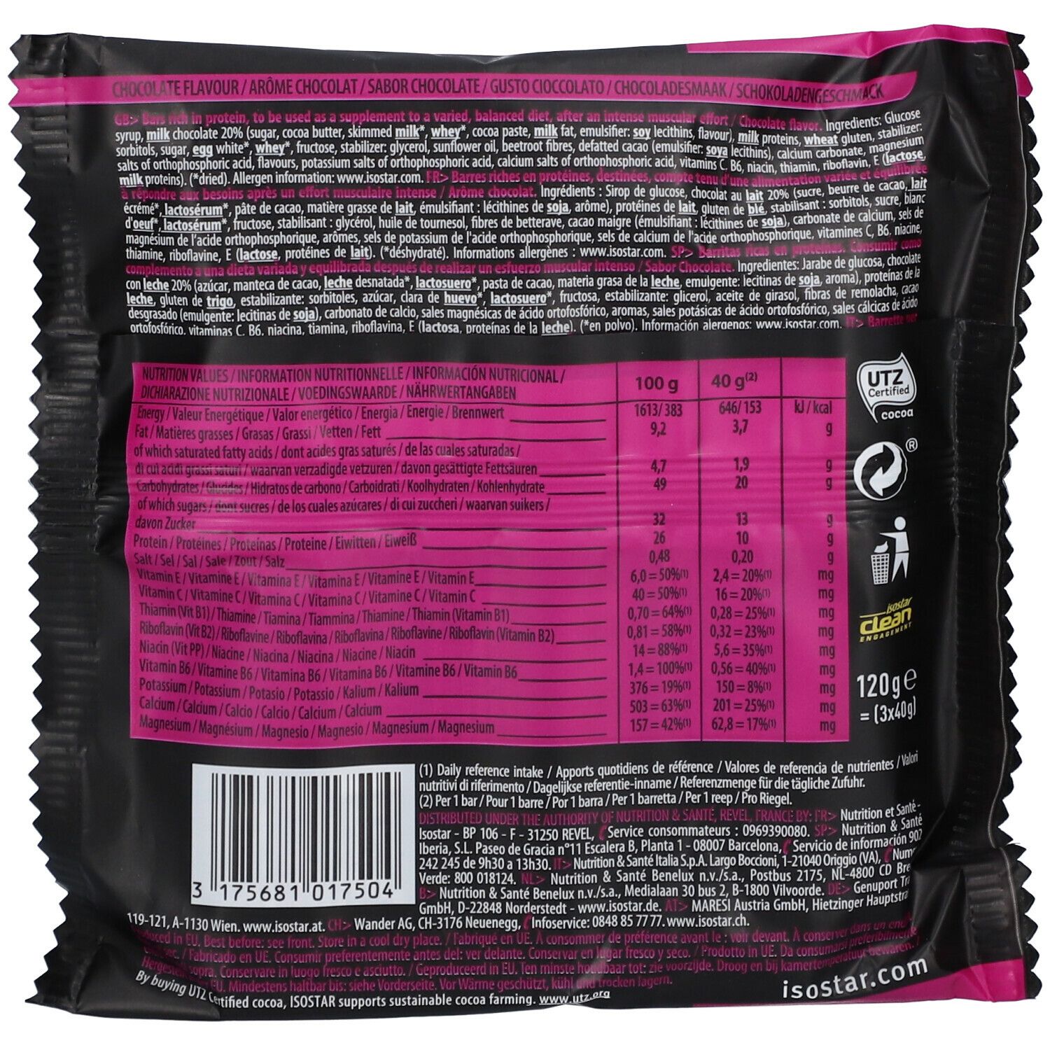 Achterkant van de verpakking van Isostar Reload Sport Bar Schokolade. Tekst: ingrediënten, voedingswaarde, UTZ-certificering, recyclingsymbool.