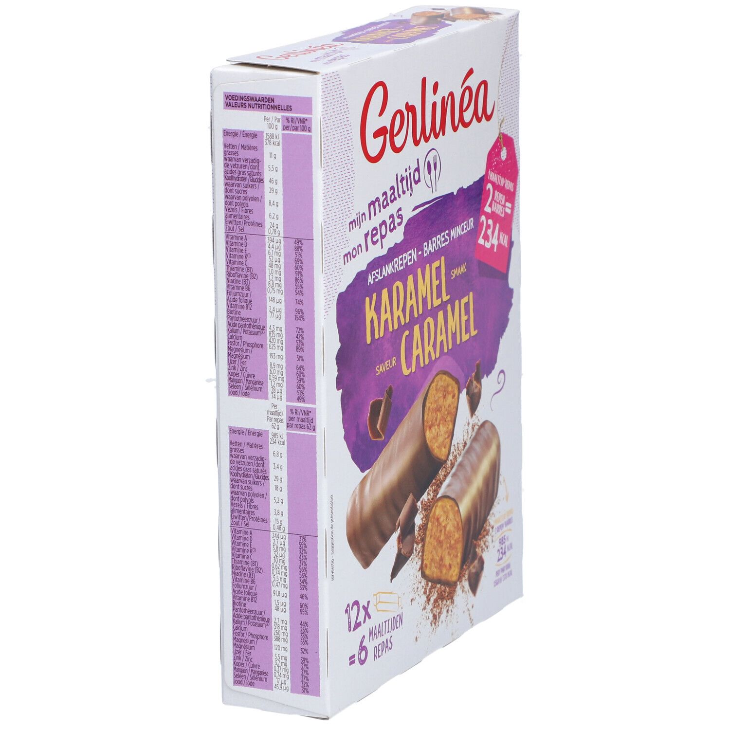 Gerlinéa-verpakking, karamelrepen. Zijaanzicht. Voedingswaarde-informatie en productafbeelding. Opdruk: 234 kcal per 2 repen.