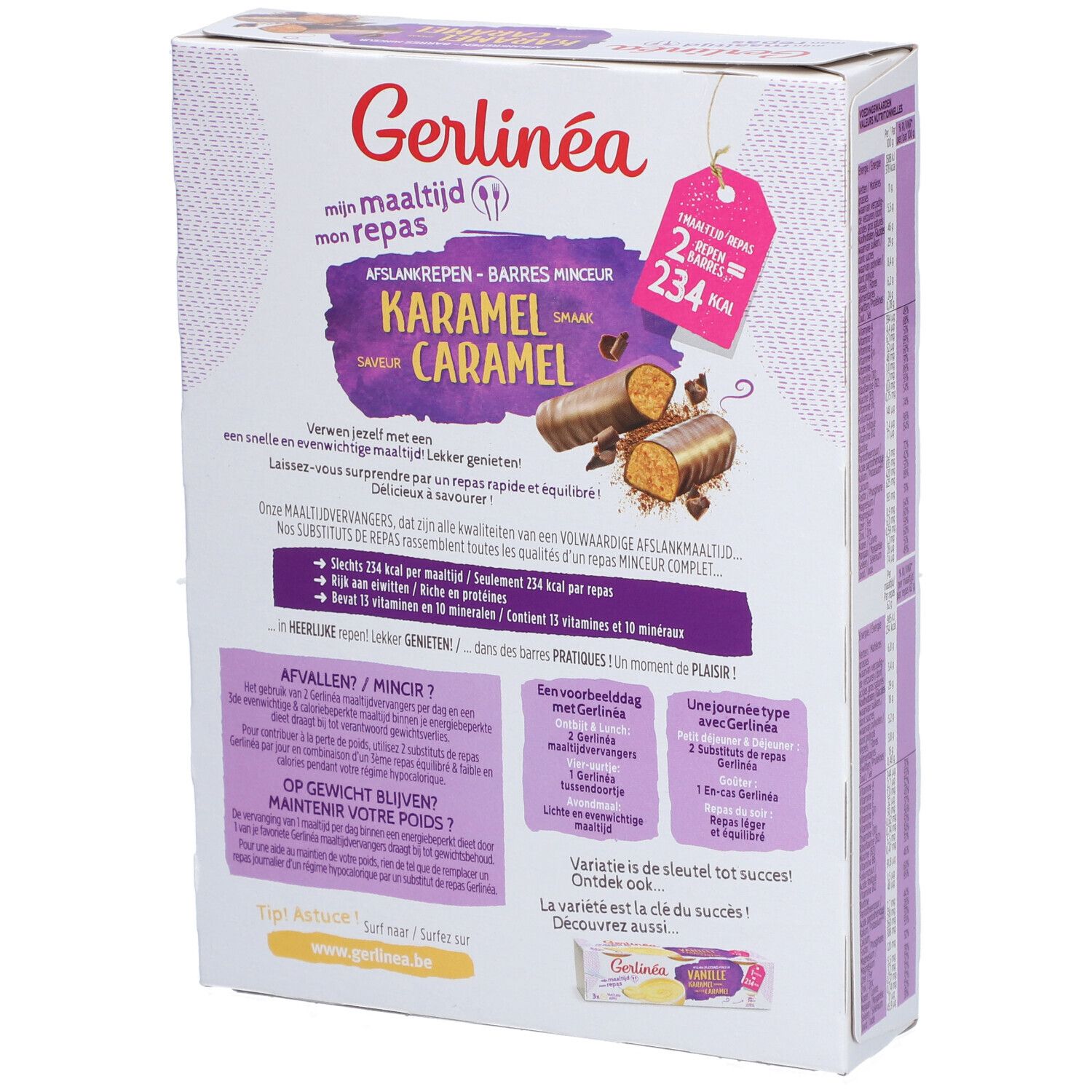 Achterkant van de Gerlinéa-verpakking, karamelrepen. Tekst en productafbeelding. Opdruk: 234 kcal per 2 repen. Gebruiksinformatie.