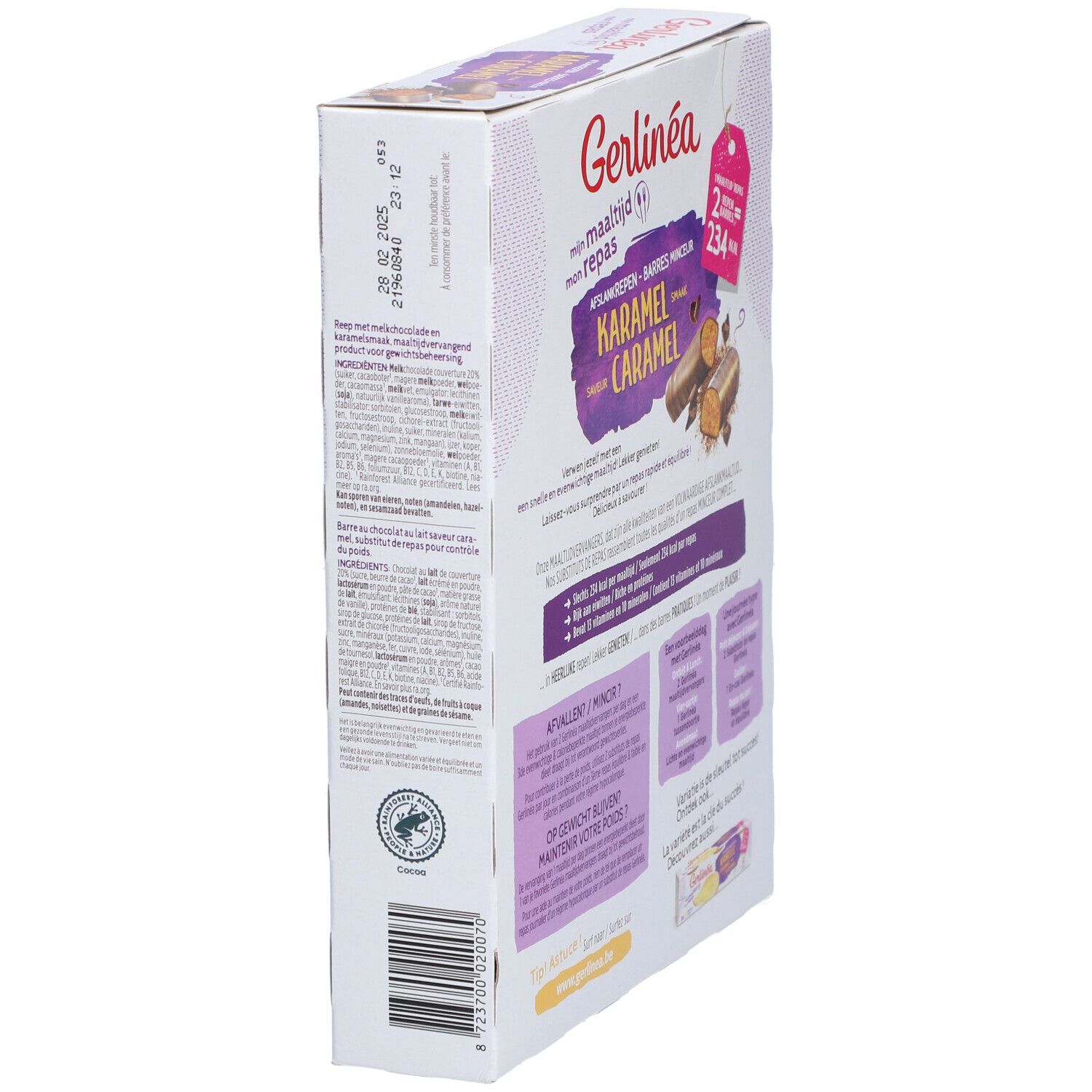 Gerlinéa-verpakking, karamelrepen. Zijaanzicht. Tekst en productafbeelding. Opdruk: 234 kcal per 2 repen. Houdbaarheidsdatum.