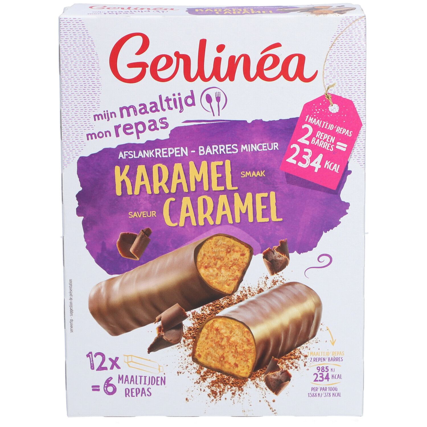 Verpakking Gerlinéa Karamell-repen. 12 repen, 6 maaltijden. Opdruk: 234 kcal per 2 repen. Afbeelding van repen en chocoladeschilfers.