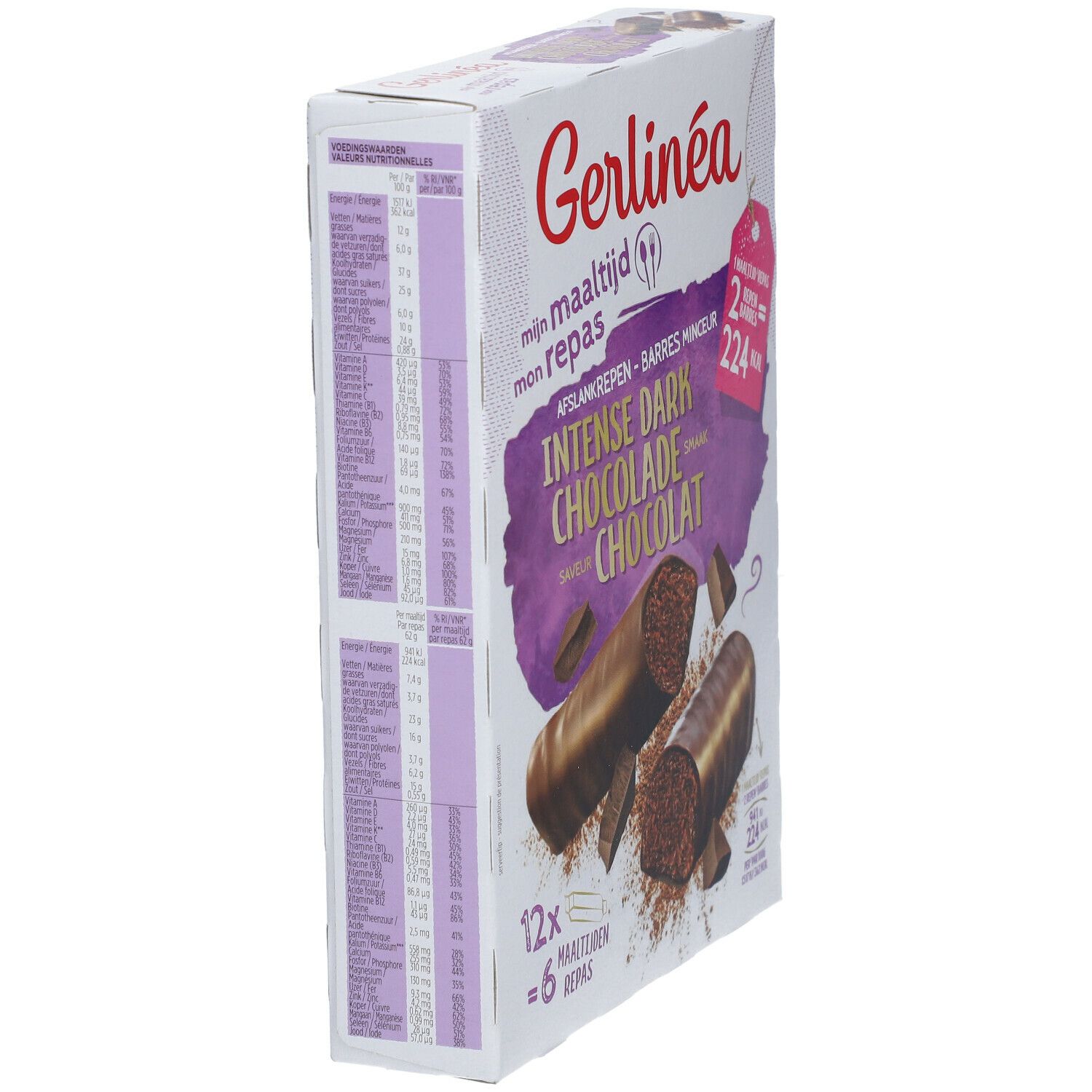 Vue latérale de l'emballage Gerlinéa. Affiche texte et informations nutritionnelles. Produit : Intense Dark Chocolade.