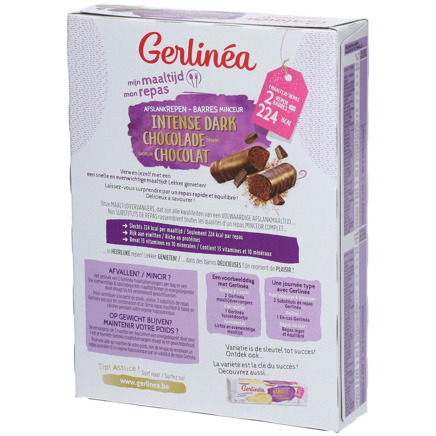 Dos de l'emballage Gerlinéa. Affiche texte et informations. Produit : Intense Dark Chocolade.