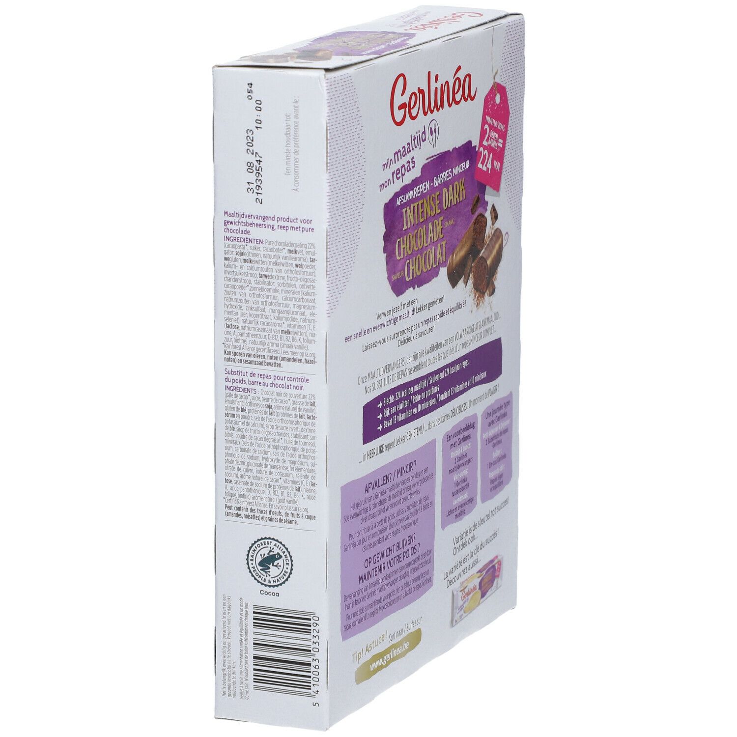 Vue latérale de l'emballage Gerlinéa. Affiche texte et informations. Produit : Intense Dark Chocolade.