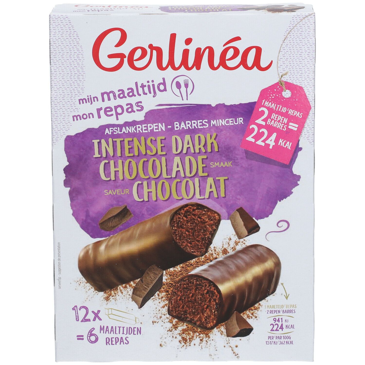 Boîte de barres Gerlinéa Intense Dark Chocolade. Montre barres et morceaux. Inscription : Intense Dark Chocolade.