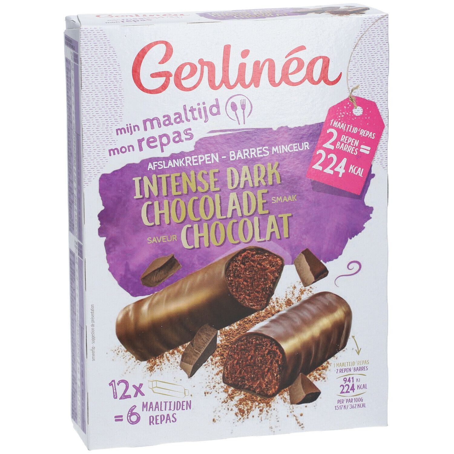 Boîte de barres Gerlinéa Intense Dark Chocolade. Montre barres et morceaux. Inscription : Intense Dark Chocolade.