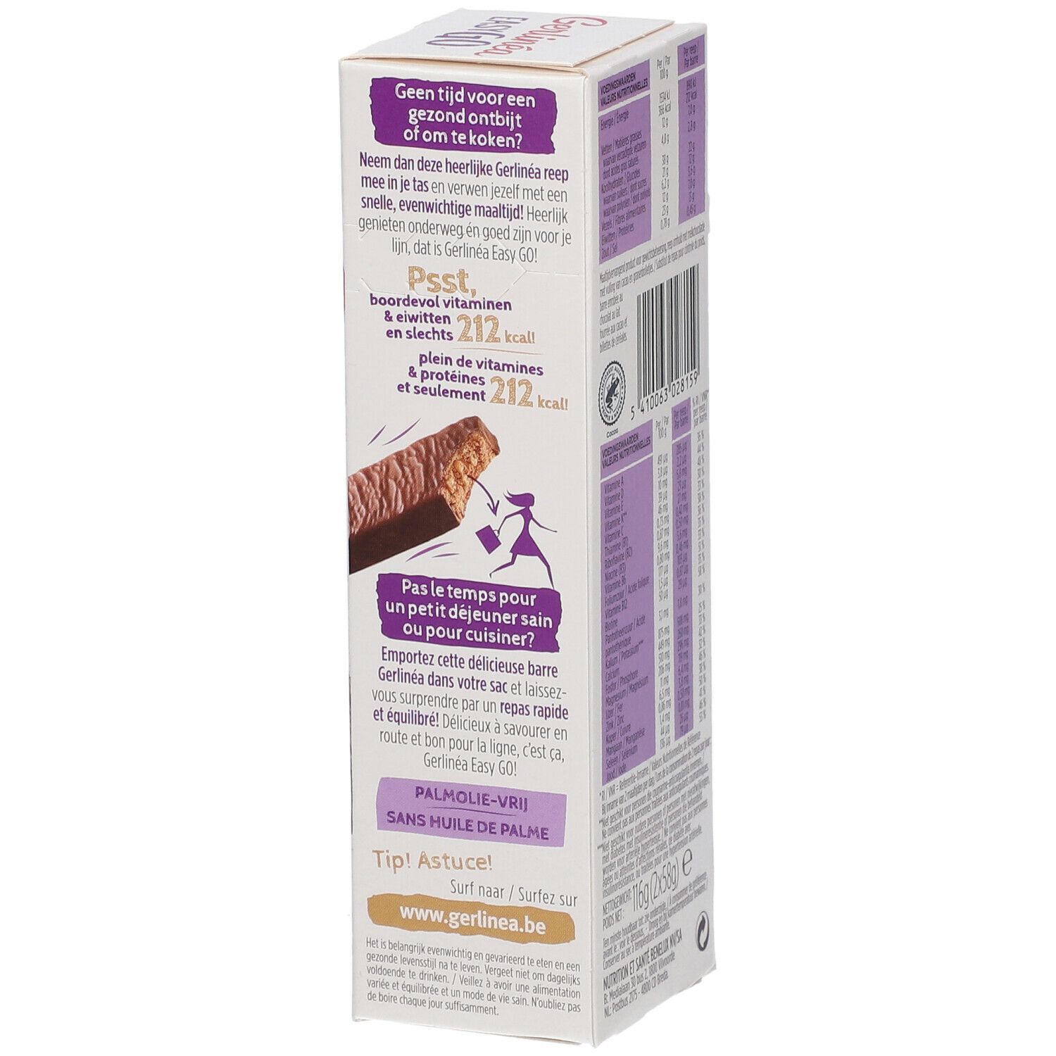 Emballage Gerlinéa Easy Go. Texte en néerlandais et français. Illustration du produit. Calories.
