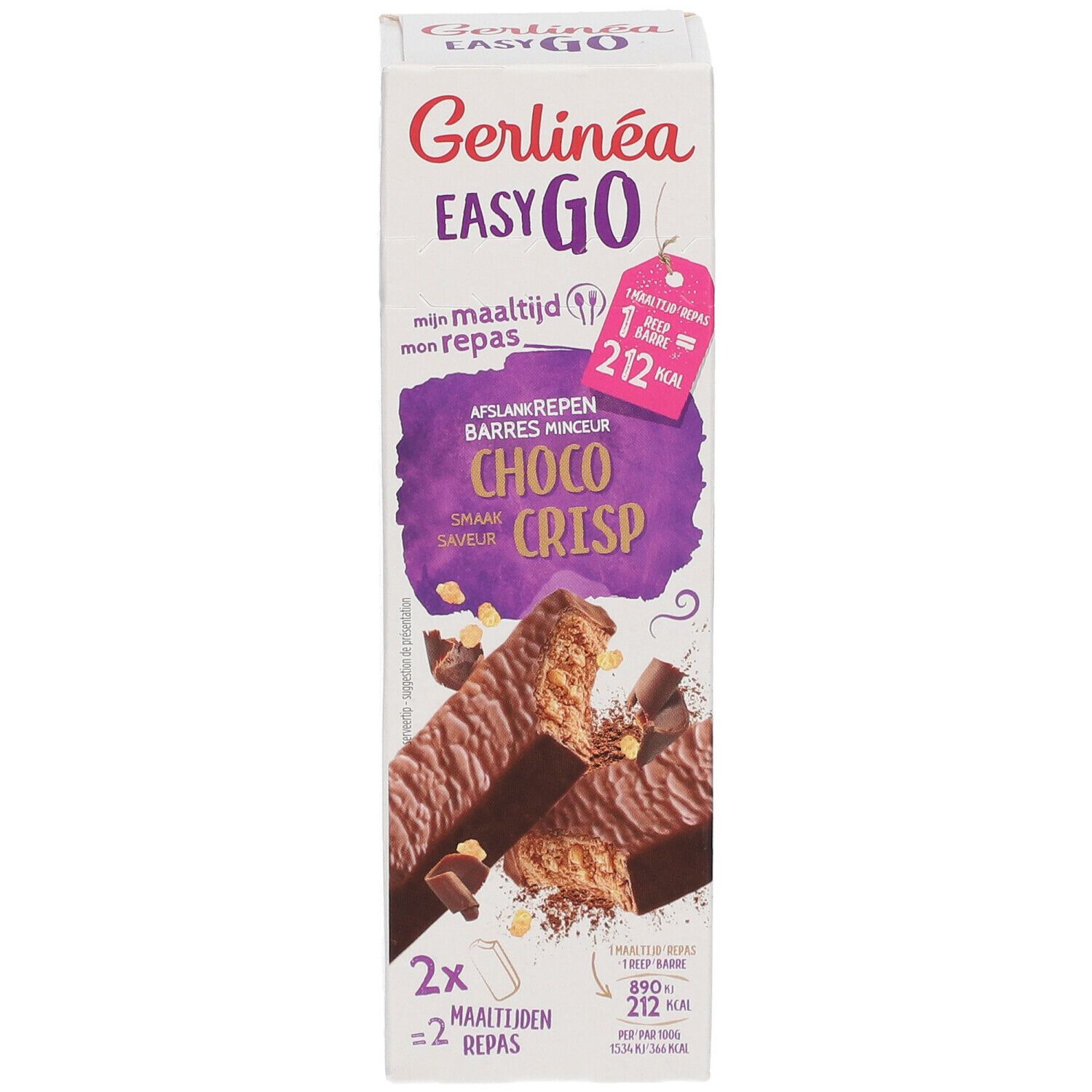 Boîte de barres Gerlinéa Easy Go Choco Crisp. Inscription : 2x2 barres. Informations nutritionnelles et caloriques.