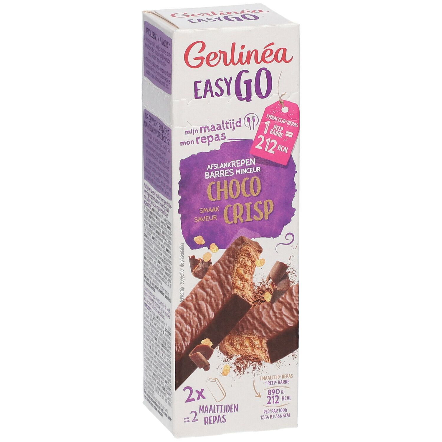 Boîte de barres Gerlinéa Easy Go Choco Crisp. Inscription : 2x2 barres. Informations nutritionnelles et caloriques.