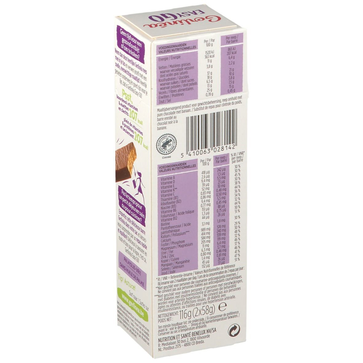 Dos de la boîte de barres Gerlinéa Easy Go à la banane. Contient des informations nutritionnelles et une liste d'ingrédients.