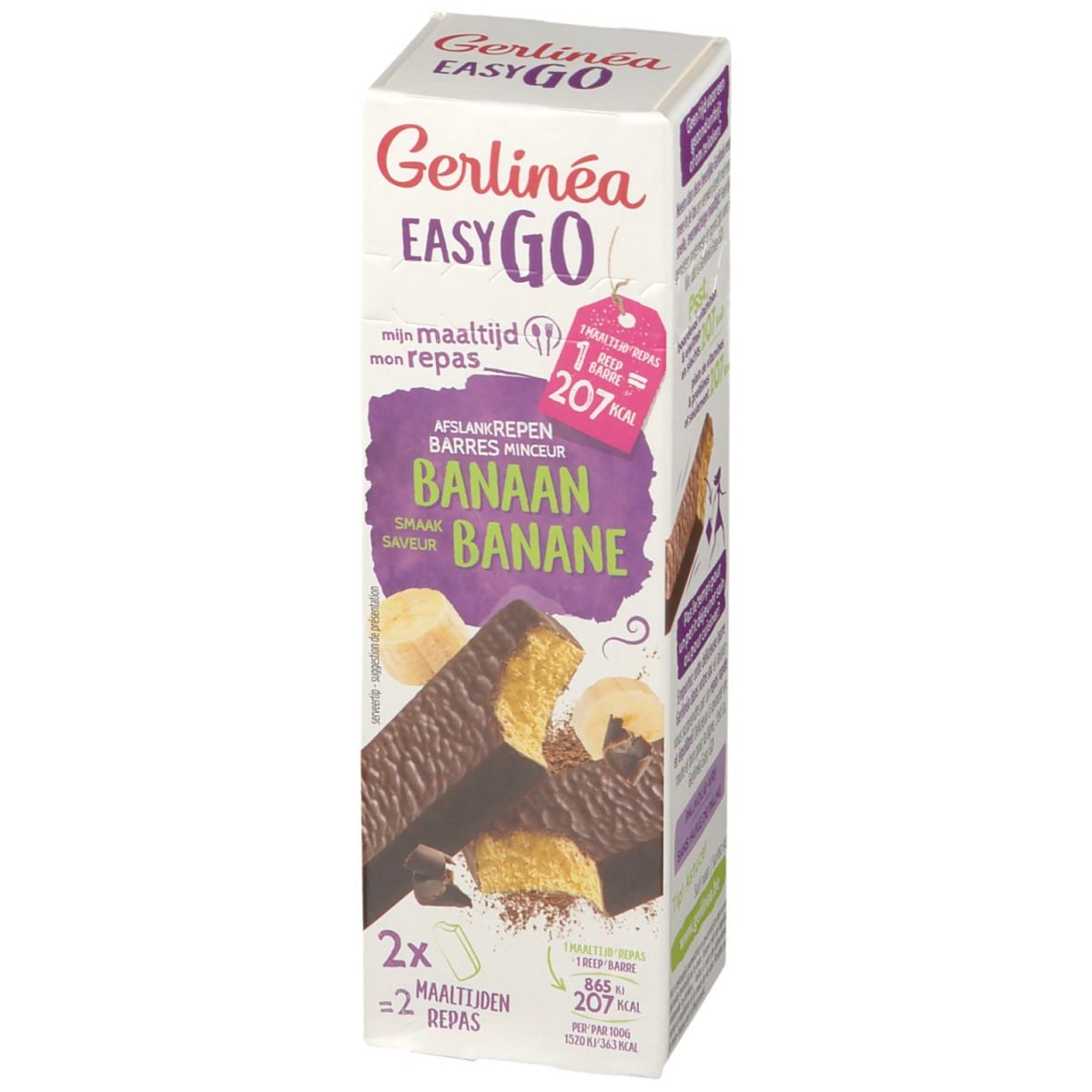 Boîte de barres Gerlinéa Easy Go à la banane. Inscriptions : "Easy Go", "Banaan", "2x maaltijden". Barres et tranches de banane illustrées.