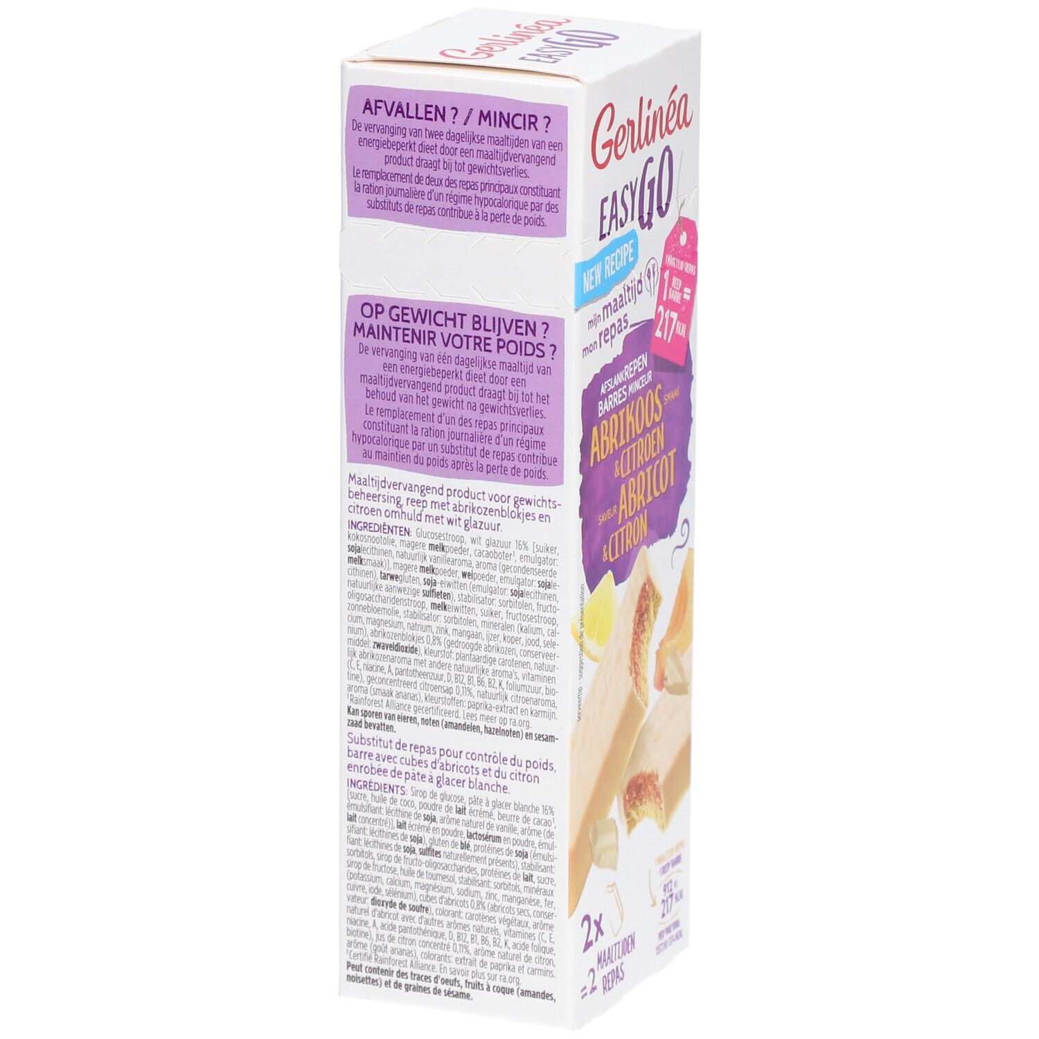 Vue latérale de l'emballage Gerlinéa Easy Go. Texte: Maigrir/Mincir. Liste des ingrédients et informations nutritionnelles. Contient 2 barres.