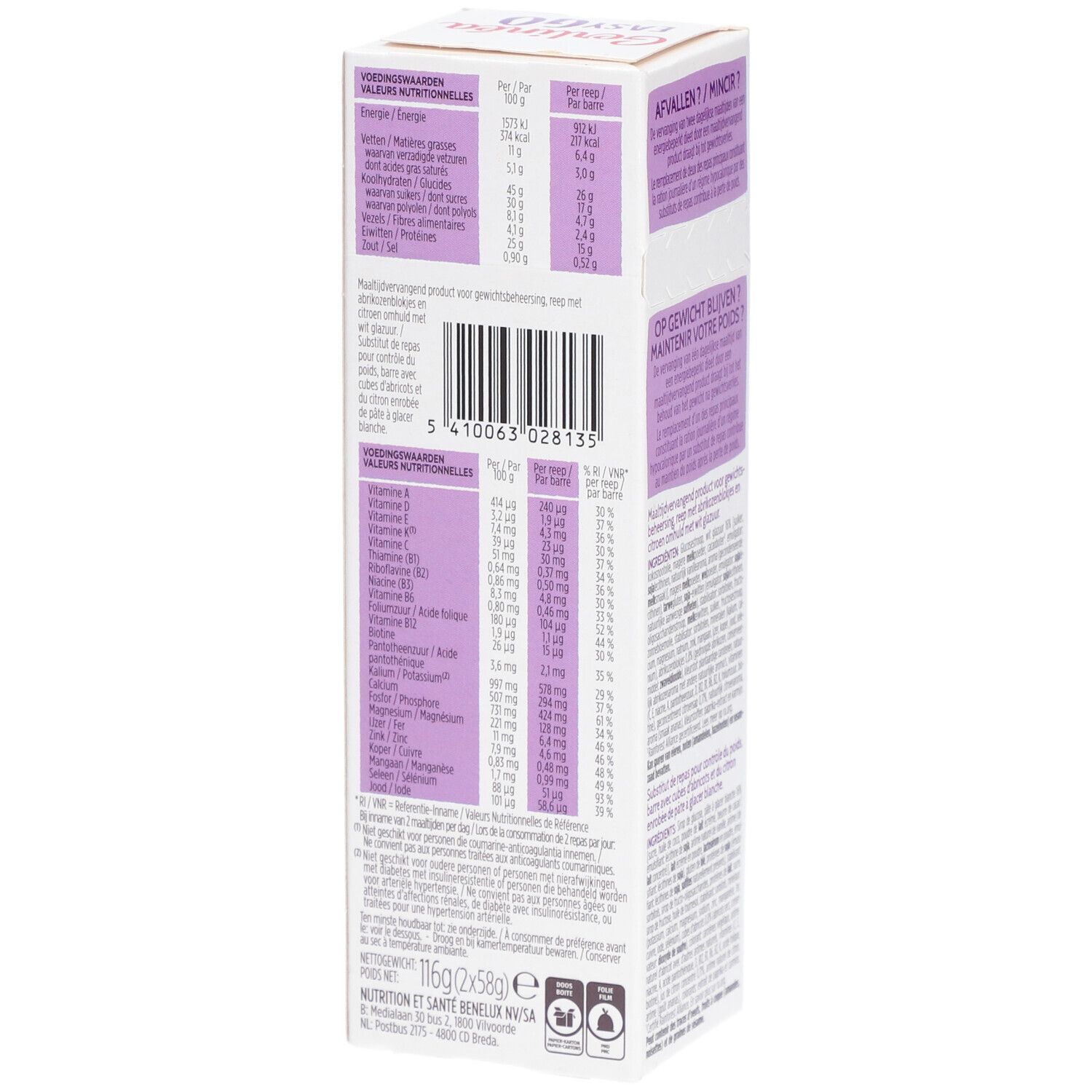 Dos de l'emballage Gerlinéa Easy Go. Tableau nutritionnel et liste des ingrédients. Code-barres. Contient 2 barres.