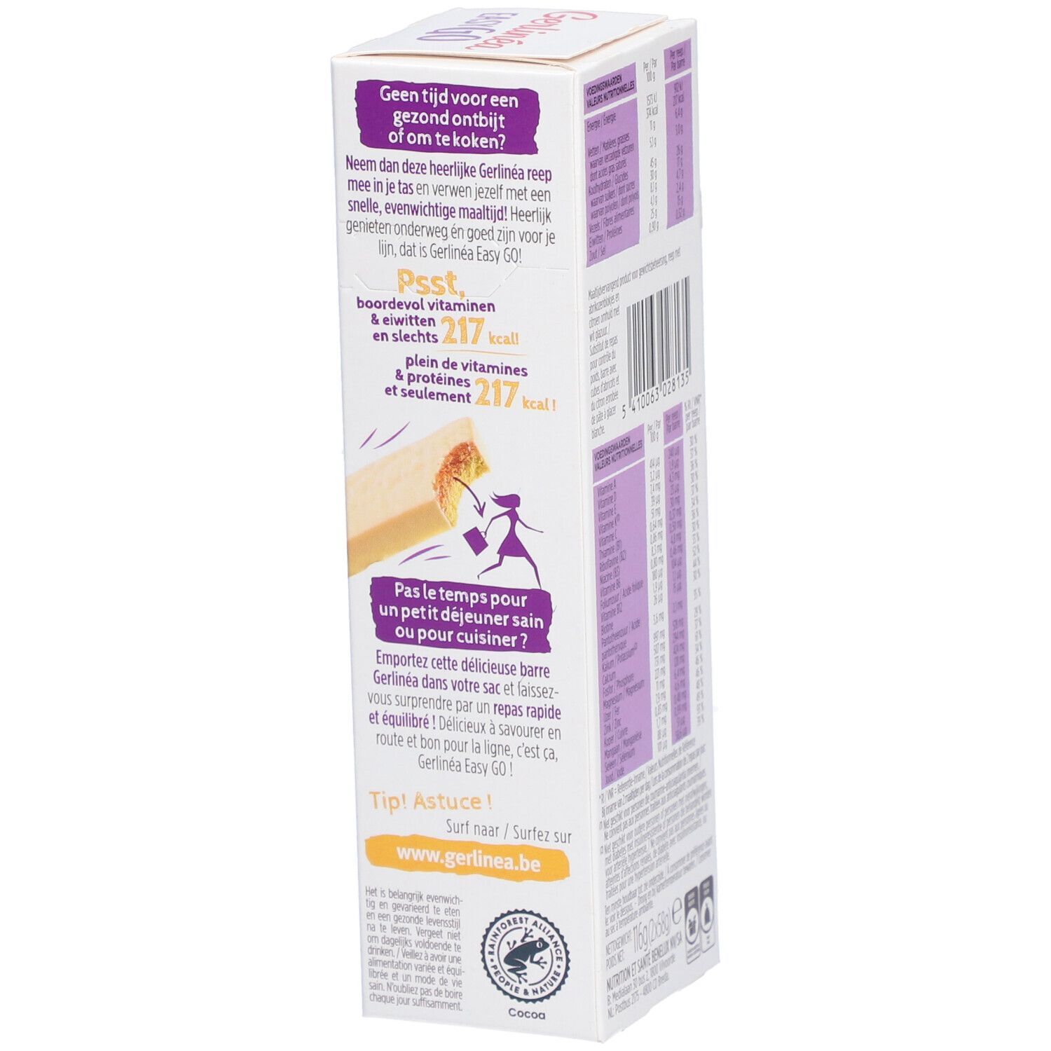 Vue latérale de l'emballage Gerlinéa Easy Go. Texte: Vitamines & protéines. Contient 217 kcal. Contient 2 barres.