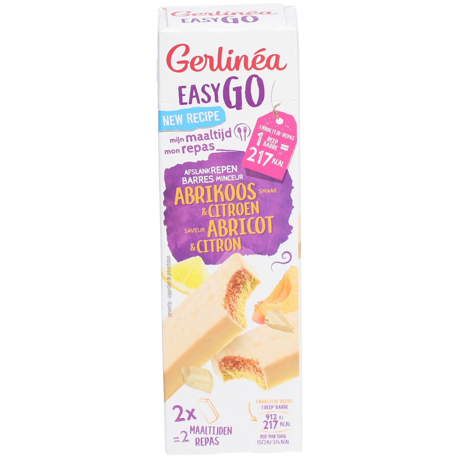Boîte de barres Gerlinéa Easy Go. Saveur abricot et citron. Deux barres sont représentées. Contient 217 kcal par barre.