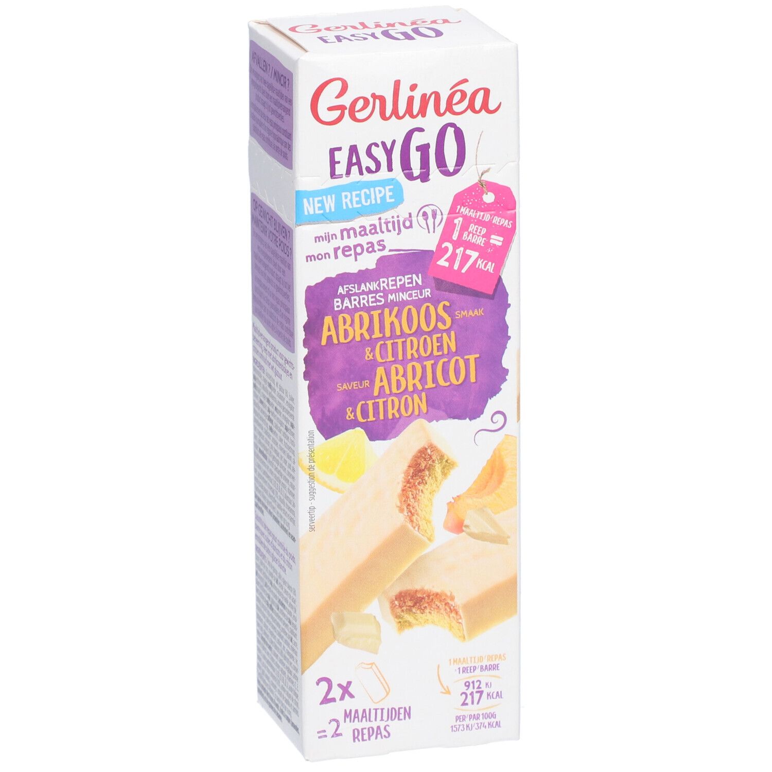 Boîte de barres Gerlinéa Easy Go. Saveur abricot et citron. Deux barres sont représentées. Contient 217 kcal par barre.