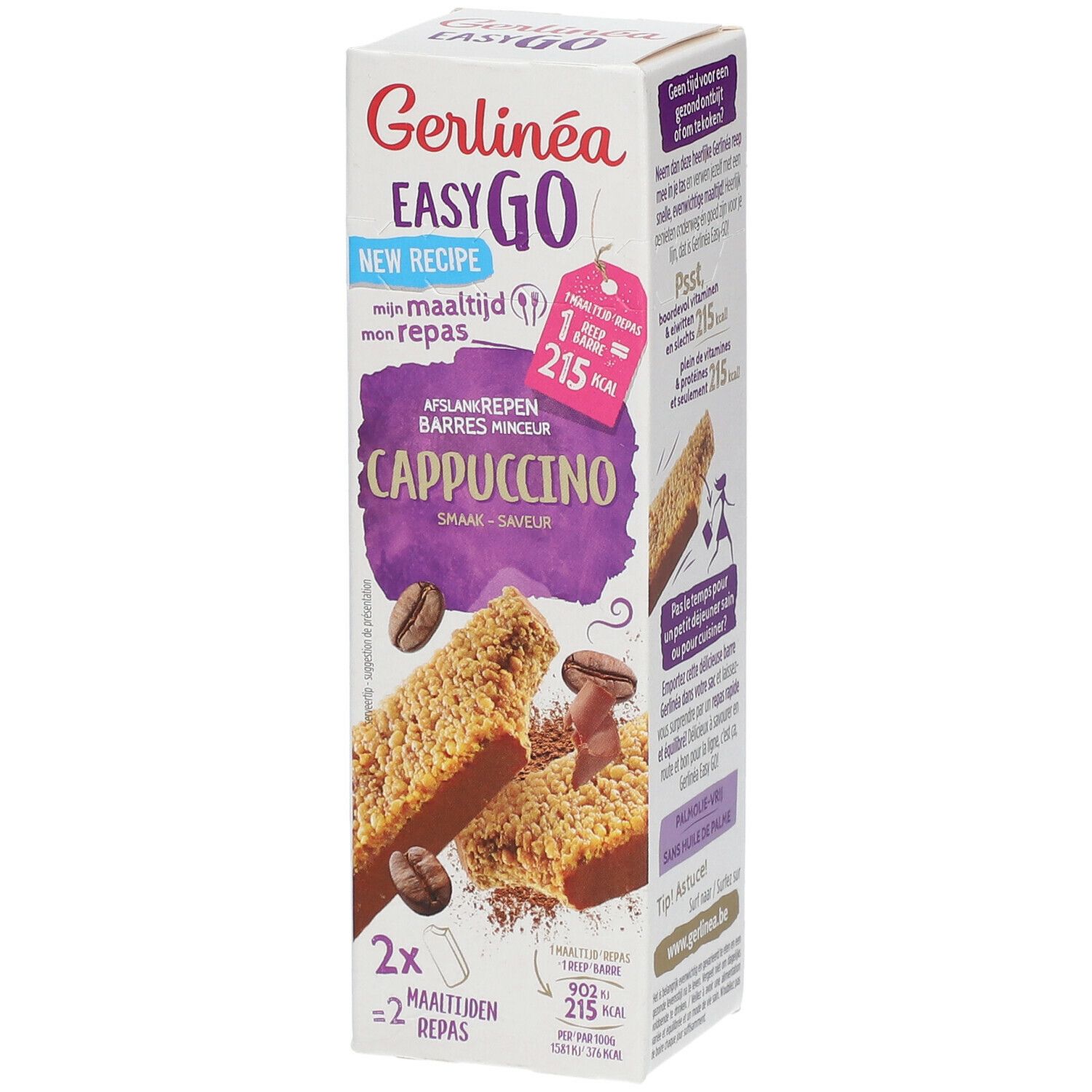 Boîte de barres Gerlinéa Easy Go Cappuccino. Visuel de barres et grains de café. Inscription '2x repas'.
