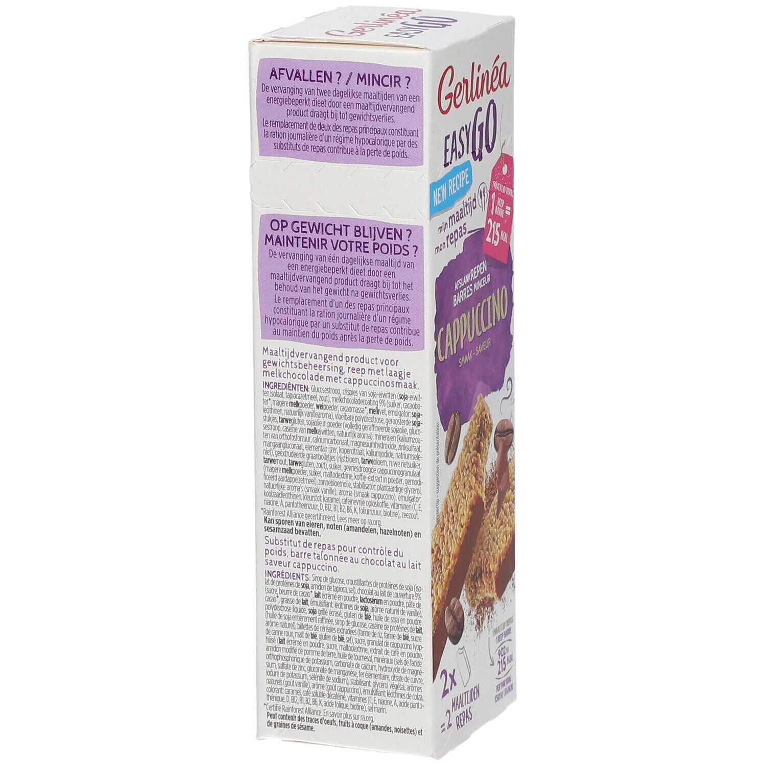 Dos de la boîte avec texte. Inscription Gerlinéa Easy Go Cappuccino. Informations sur les ingrédients et valeurs nutritionnelles.