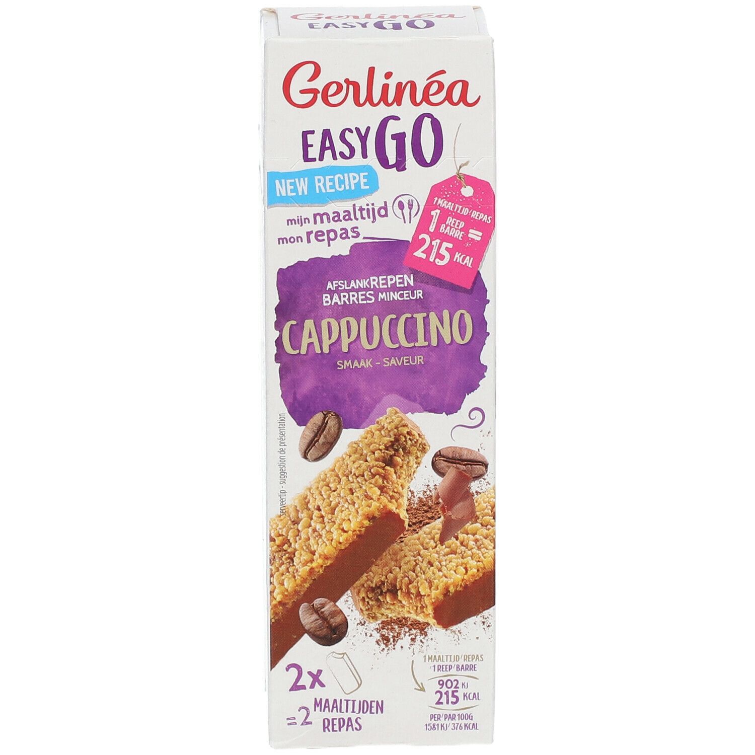 Boîte de barres Gerlinéa Easy Go Cappuccino. Visuel de barres et grains de café. Inscription '2x repas'.