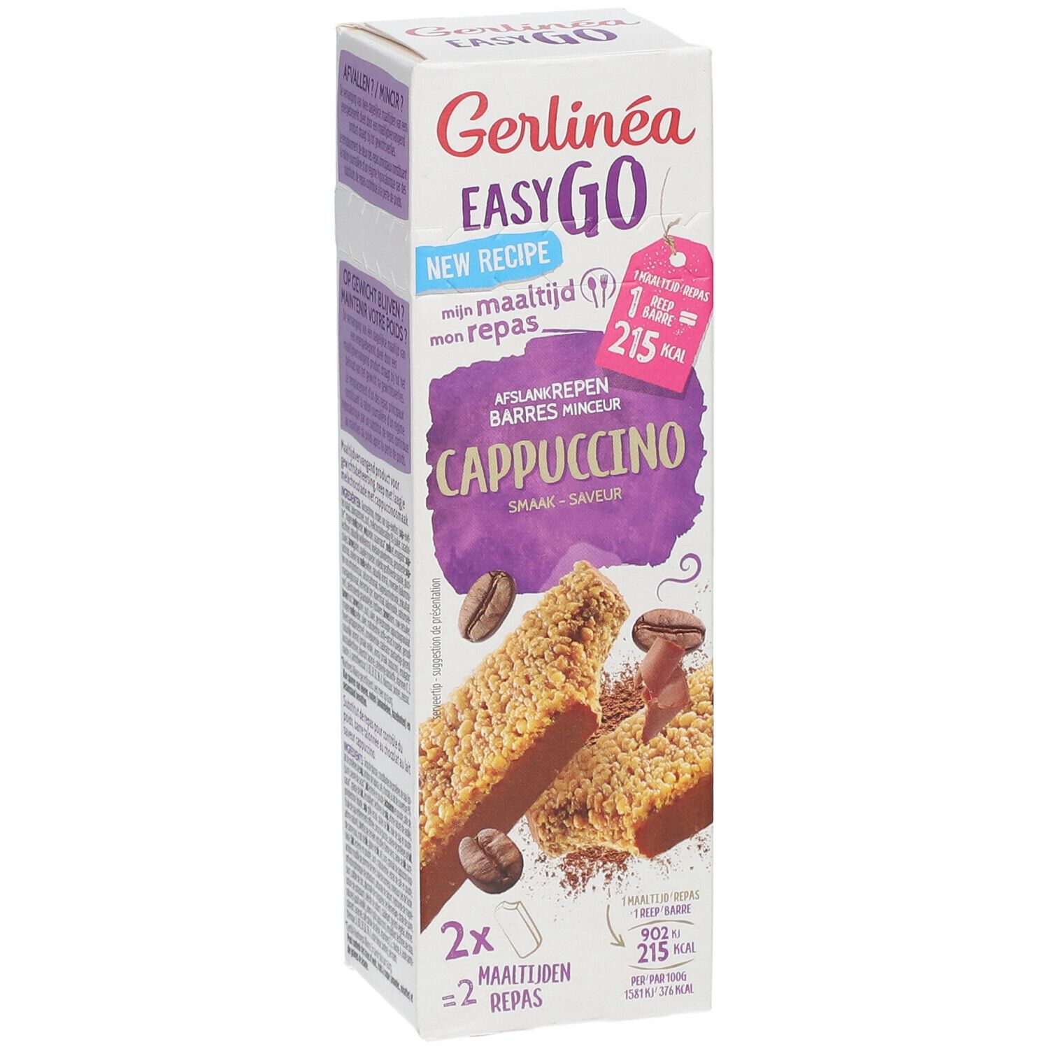 Boîte de barres Gerlinéa Easy Go Cappuccino. Visuel de barres et grains de café. Inscription '2x repas'.
