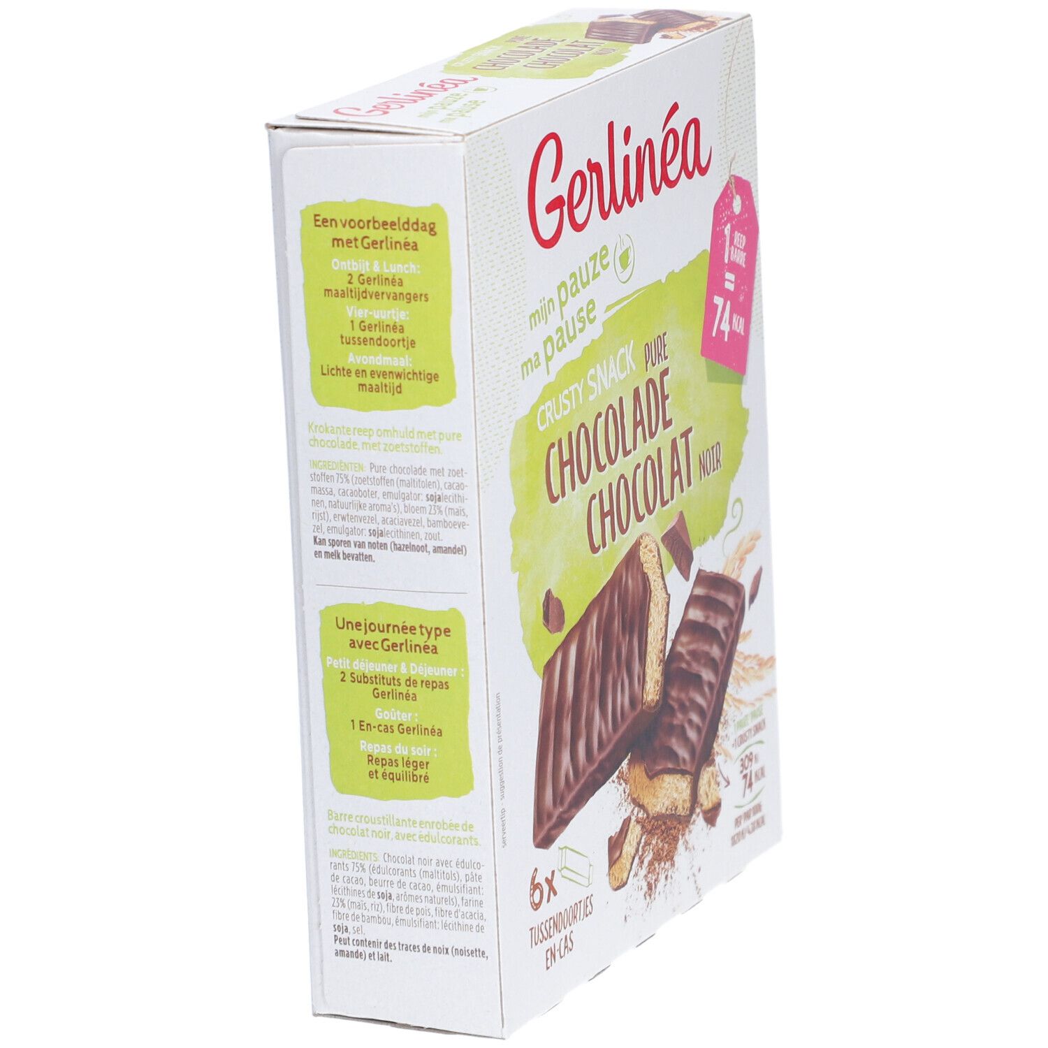 Vue latérale de la boîte Gerlinéa Knuspersnack Zartbitterschokolade. Texte et image du produit. 74 kcal par barre.