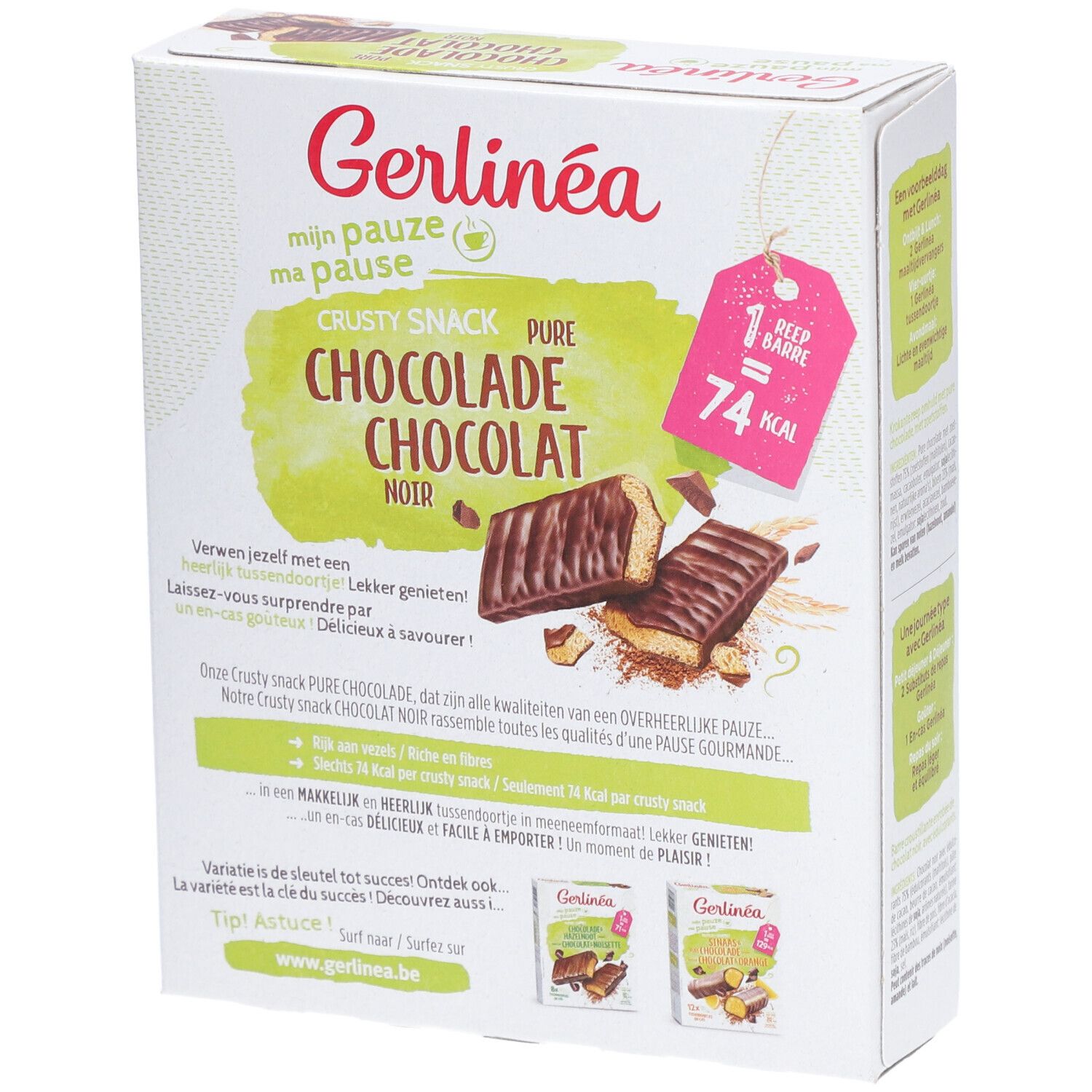 Boîte Gerlinéa Knuspersnack Zartbitterschokolade. Image du produit et texte. 74 kcal par barre.