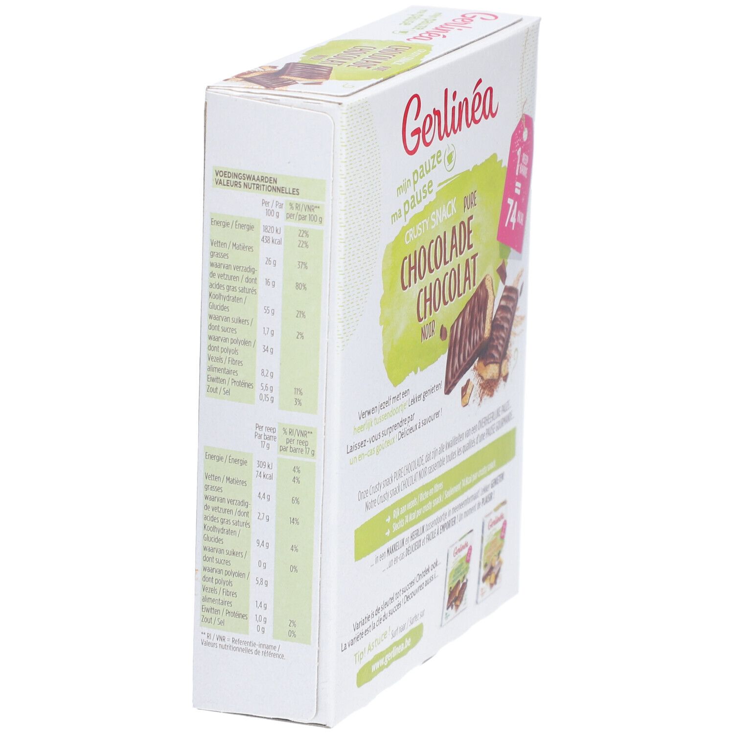 Vue latérale de la boîte Gerlinéa Knuspersnack Zartbitterschokolade avec informations nutritionnelles. 74 kcal.