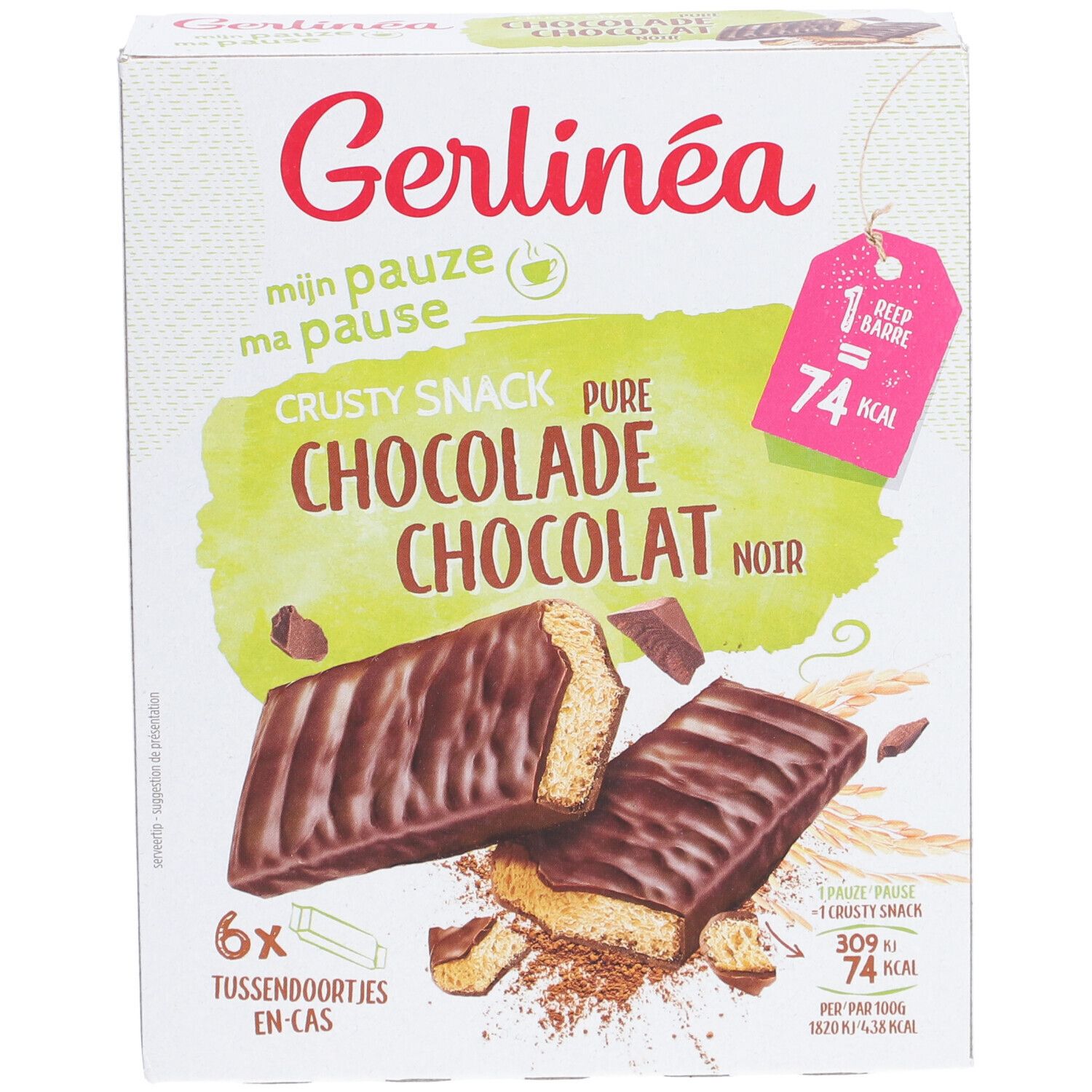 Boîte Gerlinéa Knuspersnack Zartbitterschokolade. Image du produit et texte. 74 kcal par barre.