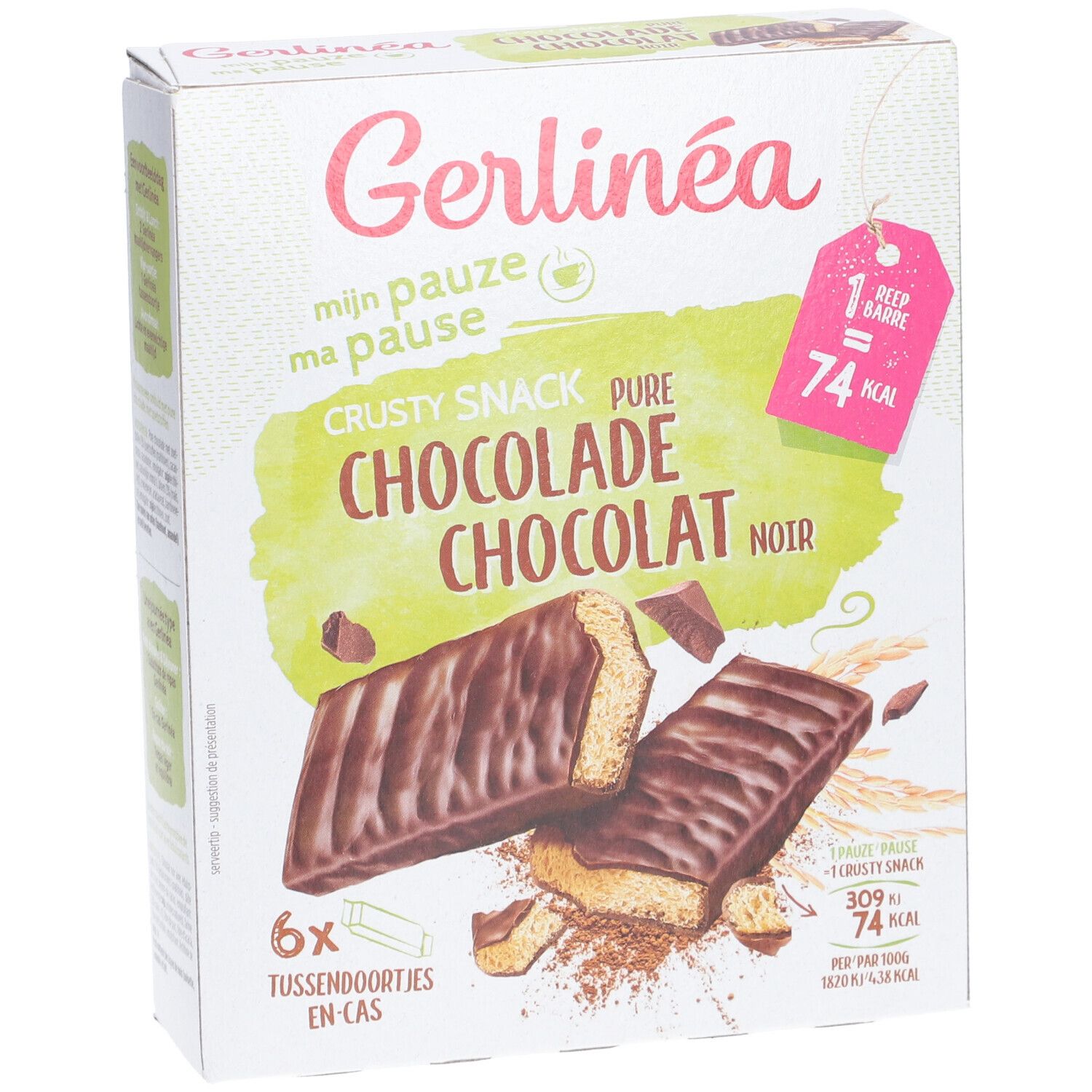 Boîte Gerlinéa Knuspersnack Zartbitterschokolade. Image du produit et texte. 74 kcal par barre.