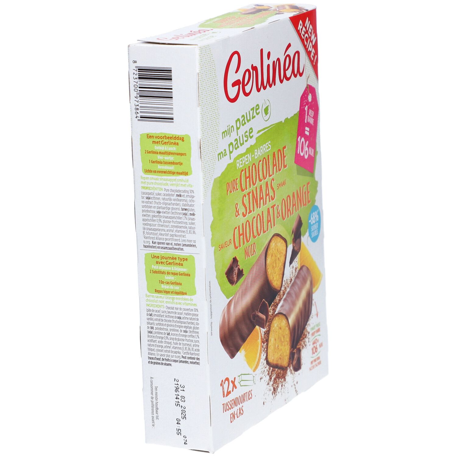Schrägansicht der Verpackung mit Gerlinéa-Riegeln. Aufschrift: Pure Chocolade & Sinaas, Chocolat & Orange. 12 Riegel.