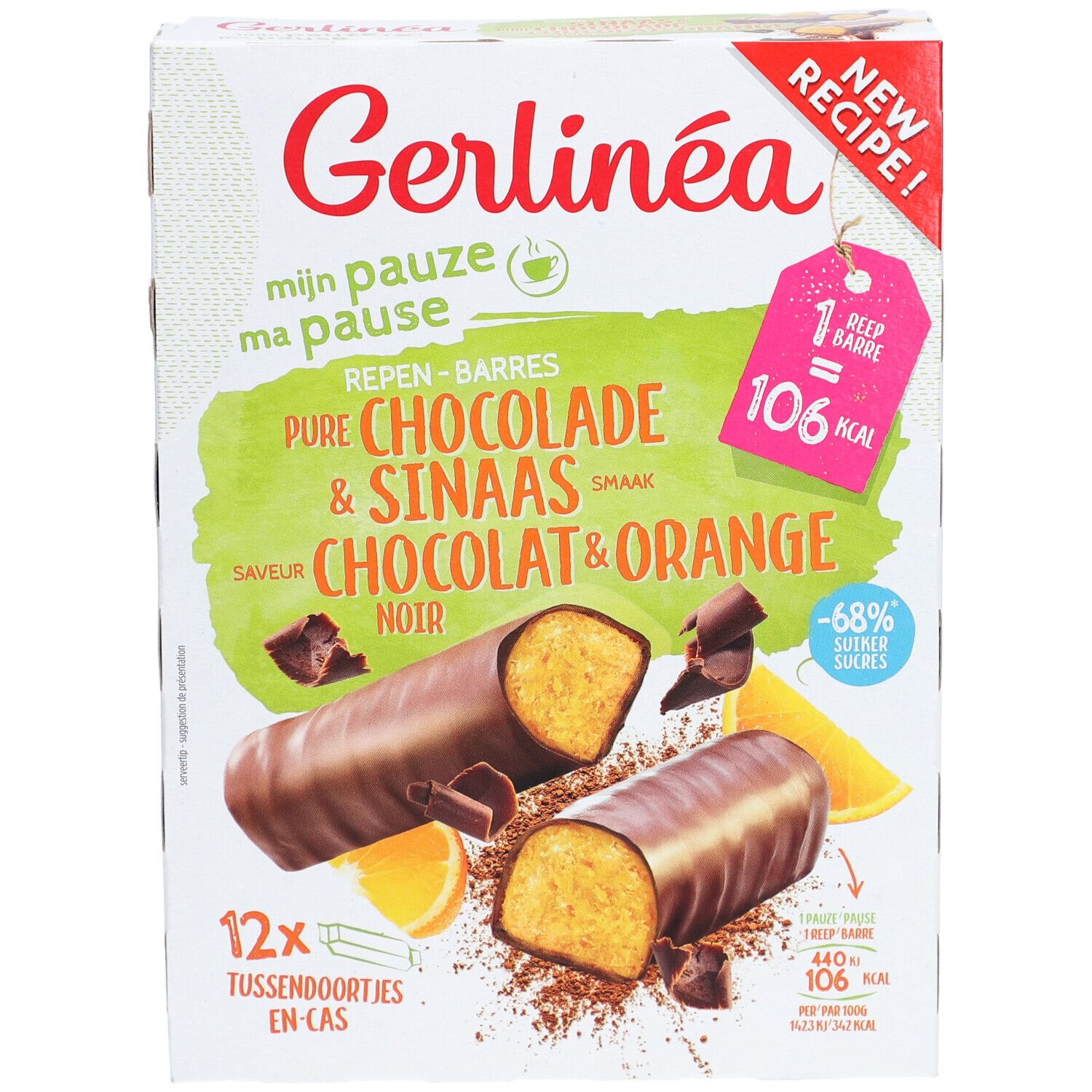 Verpackung mit Gerlinéa-Riegeln. Aufschrift: Pure Chocolade & Sinaas, Chocolat & Orange. 12 Riegel. 106 kcal pro Riegel.