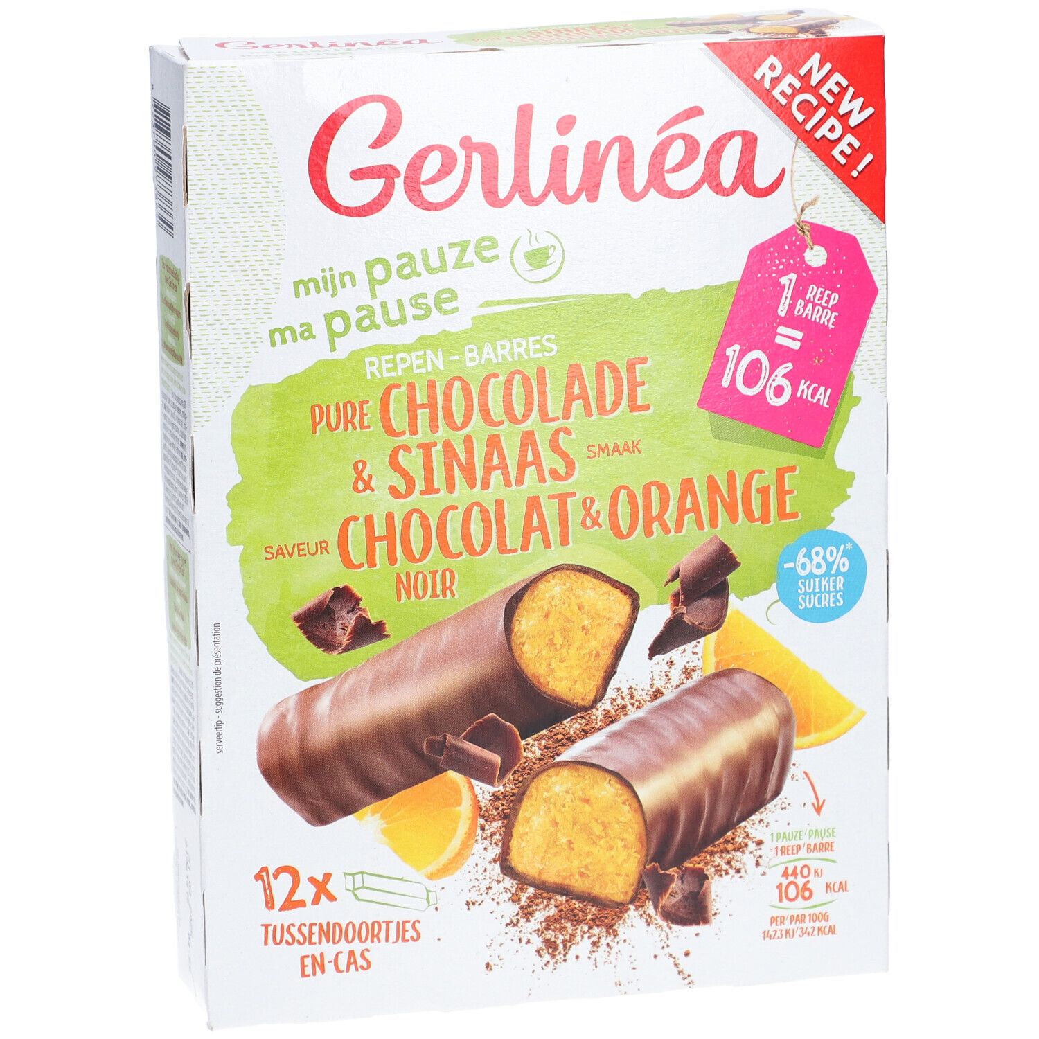 Verpackung mit Gerlinéa-Riegeln. Aufschrift: Pure Chocolade & Sinaas, Chocolat & Orange. 12 Riegel. 106 kcal pro Riegel.