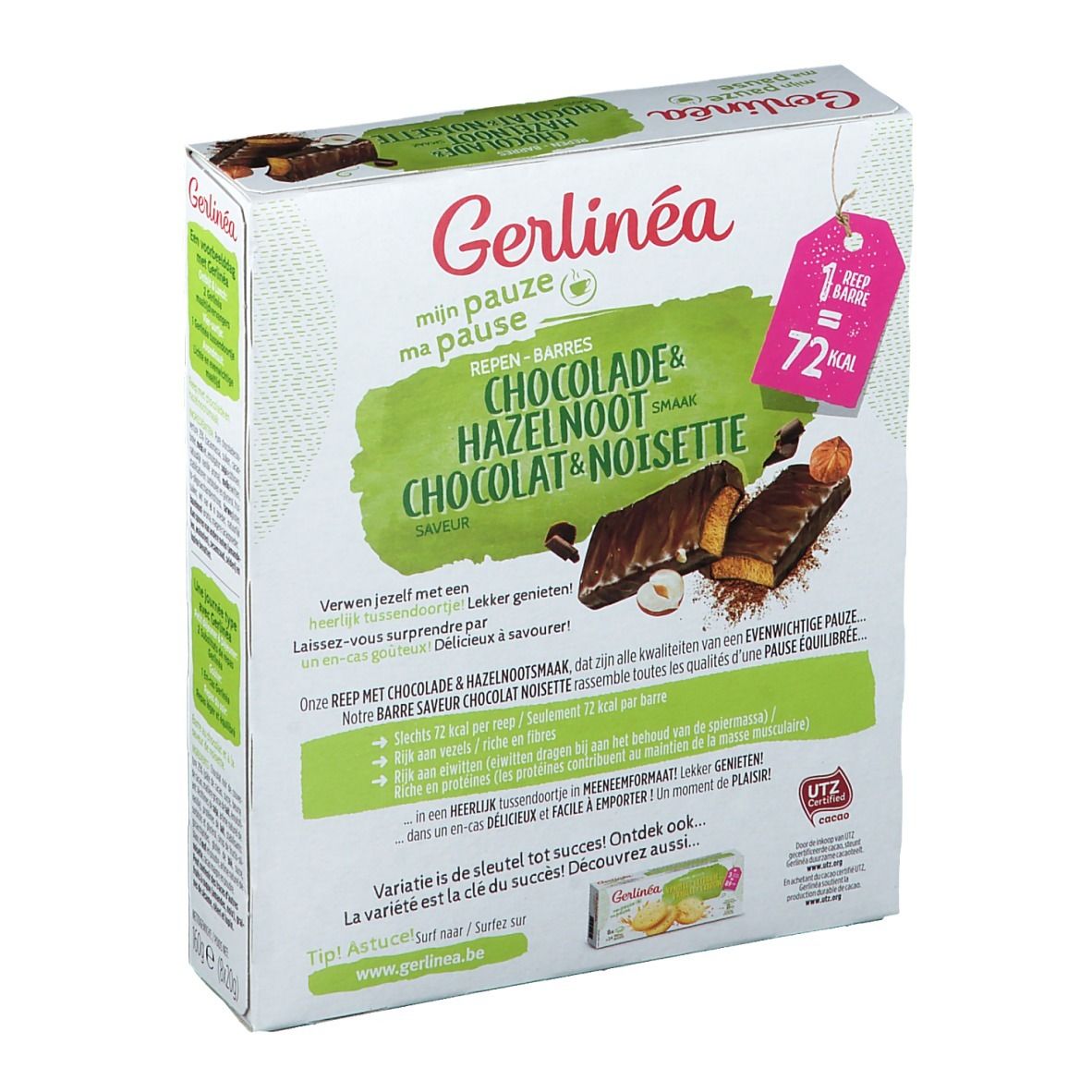 Vue arrière de l'emballage des barres Gerlinéa. Inscription : Chocolat & Noisette. 72 kcal. Texte en néerlandais.